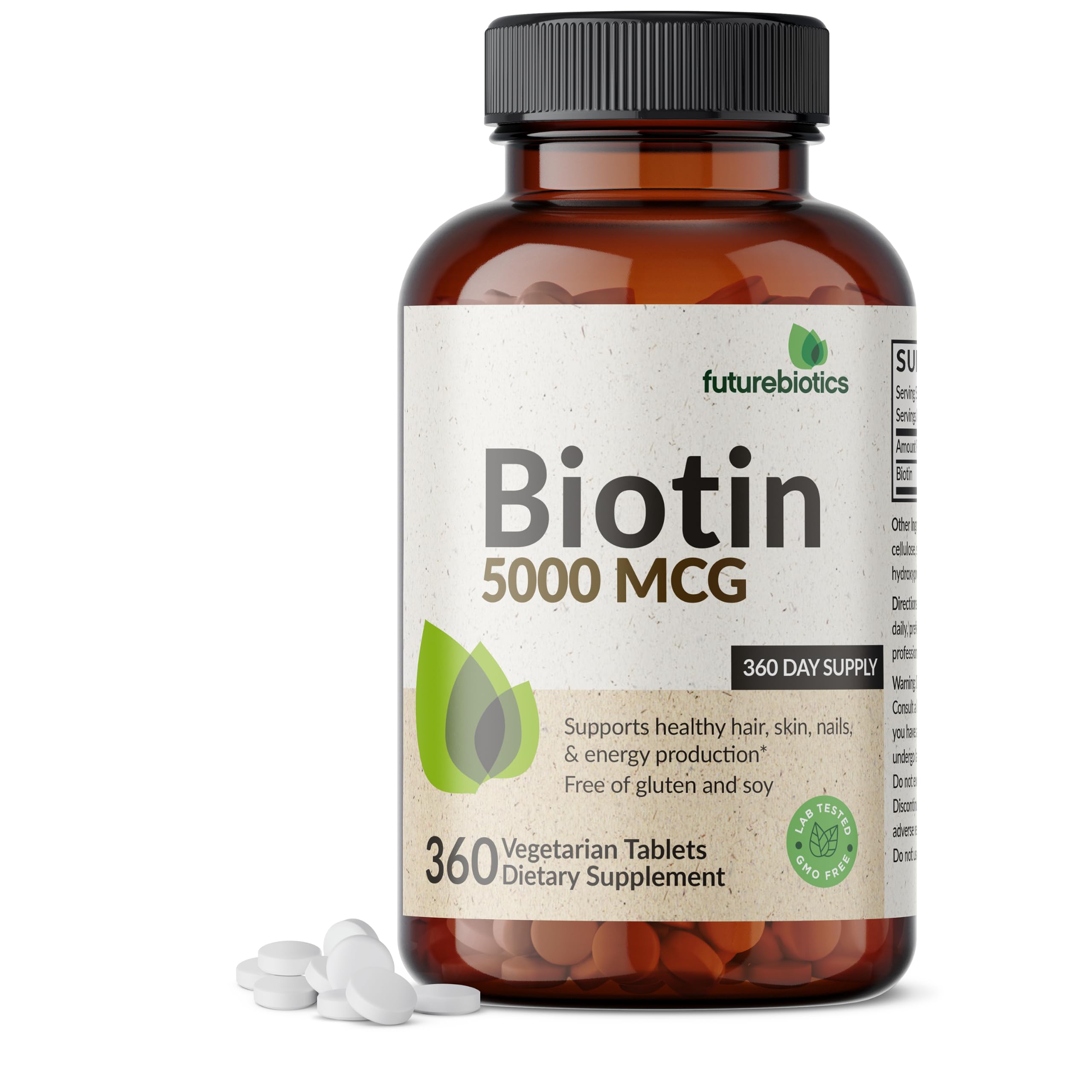 Futurebiotics Biotin 5000 MCG Supports Healthy Hair, Skin, Nails & Energy Production Non-GMO, 360 Vegetarian Tablets