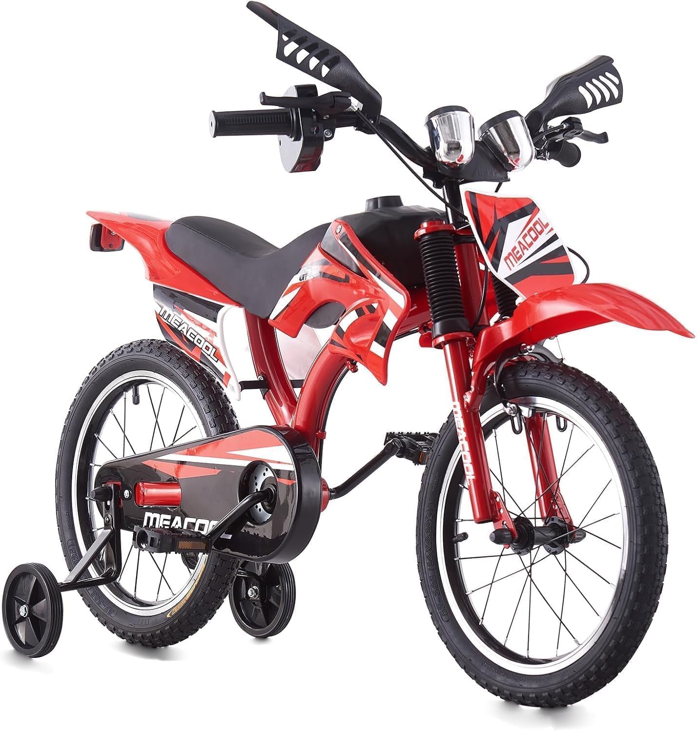 LSBIKE 16”/18"/20” Kids Motorbike Style Bicycle Simulated Motorbike Sound with Training Wheels, Kid Bike w/Dual Brake, 90% Pre-Assembled, Steel Frame – Boys & Girls Bike for Ages 4–13 (Red, 20inch)