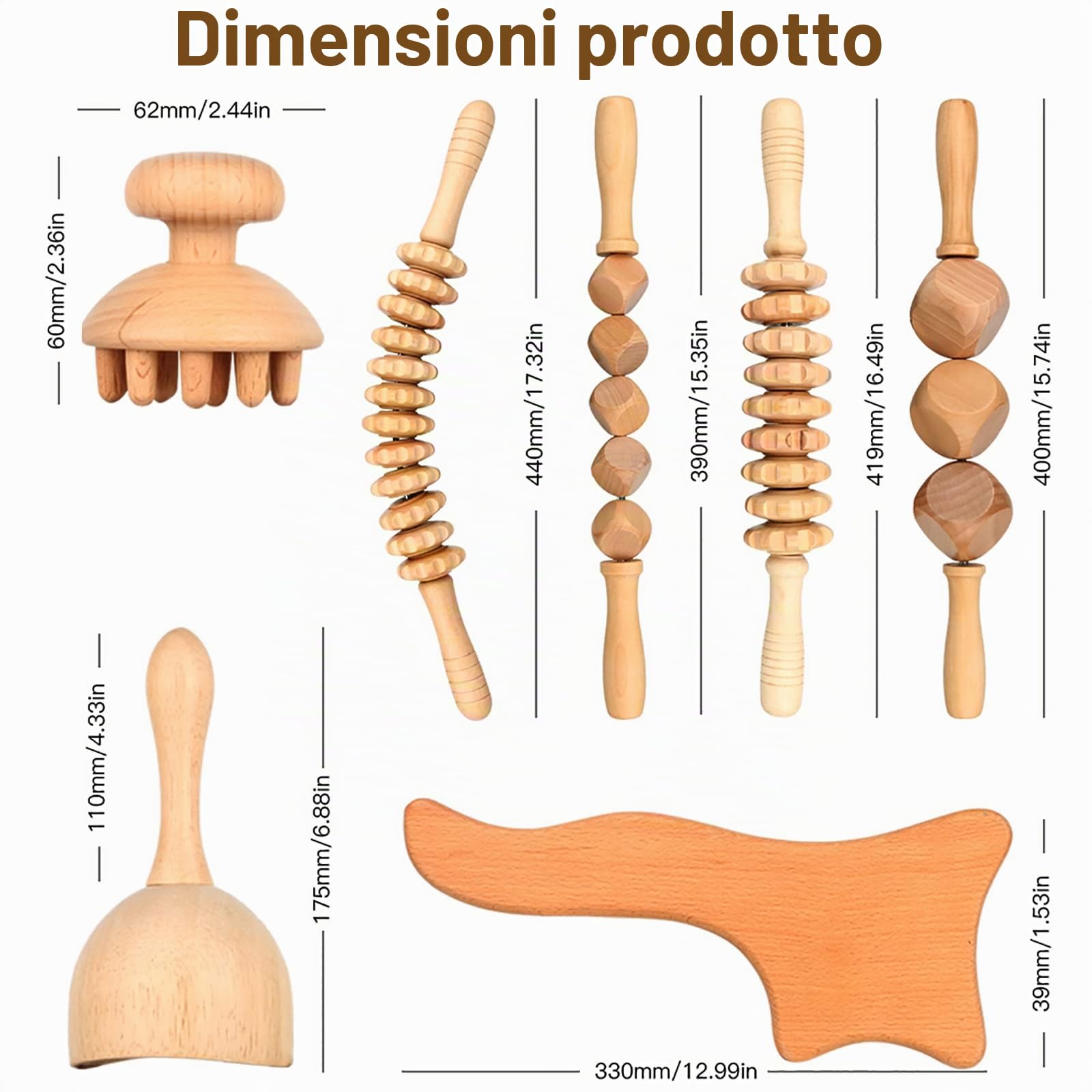 8 strumenti per massaggi in legno, rullo in legno per alleviare il dolore muscolare anticellulite e tutto il corpo, rullo Gua Sha