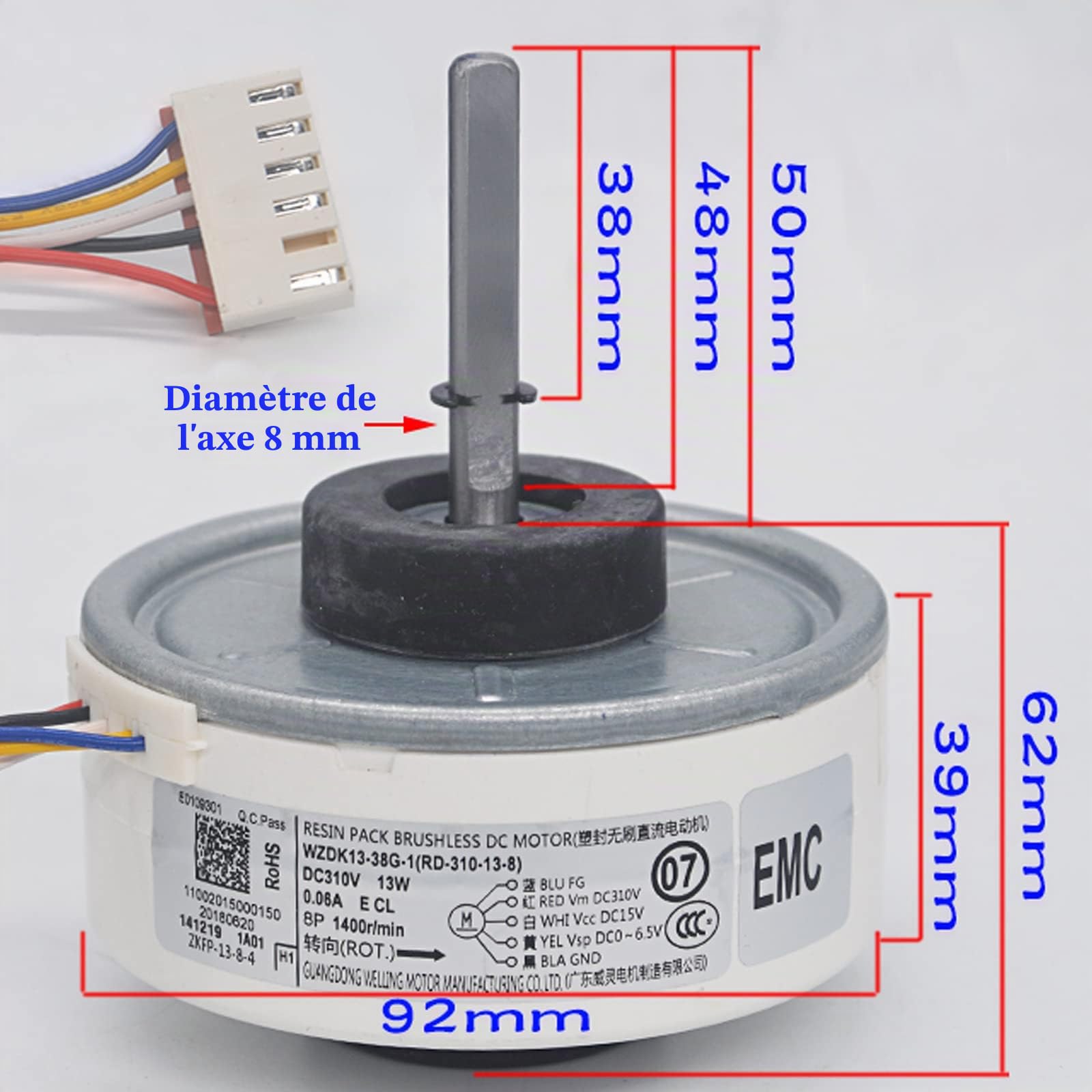Moteur intérieur pour climatiseur WZDK13-38G-1(RD-310-13-8) 13 W Moteur de ventilateur CC brushless de 13 W pour usage domestique