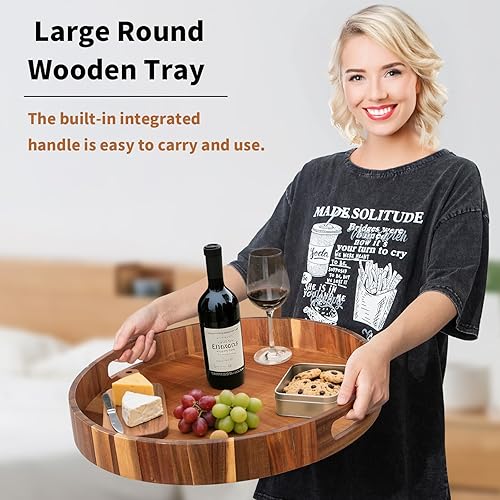 Miniatura 2 de Bandeja redonda de madera con asas, bandejas de madera de gran diámetro de 20 pulgadas para otomana, bandeja circular de madera de acacia rústica