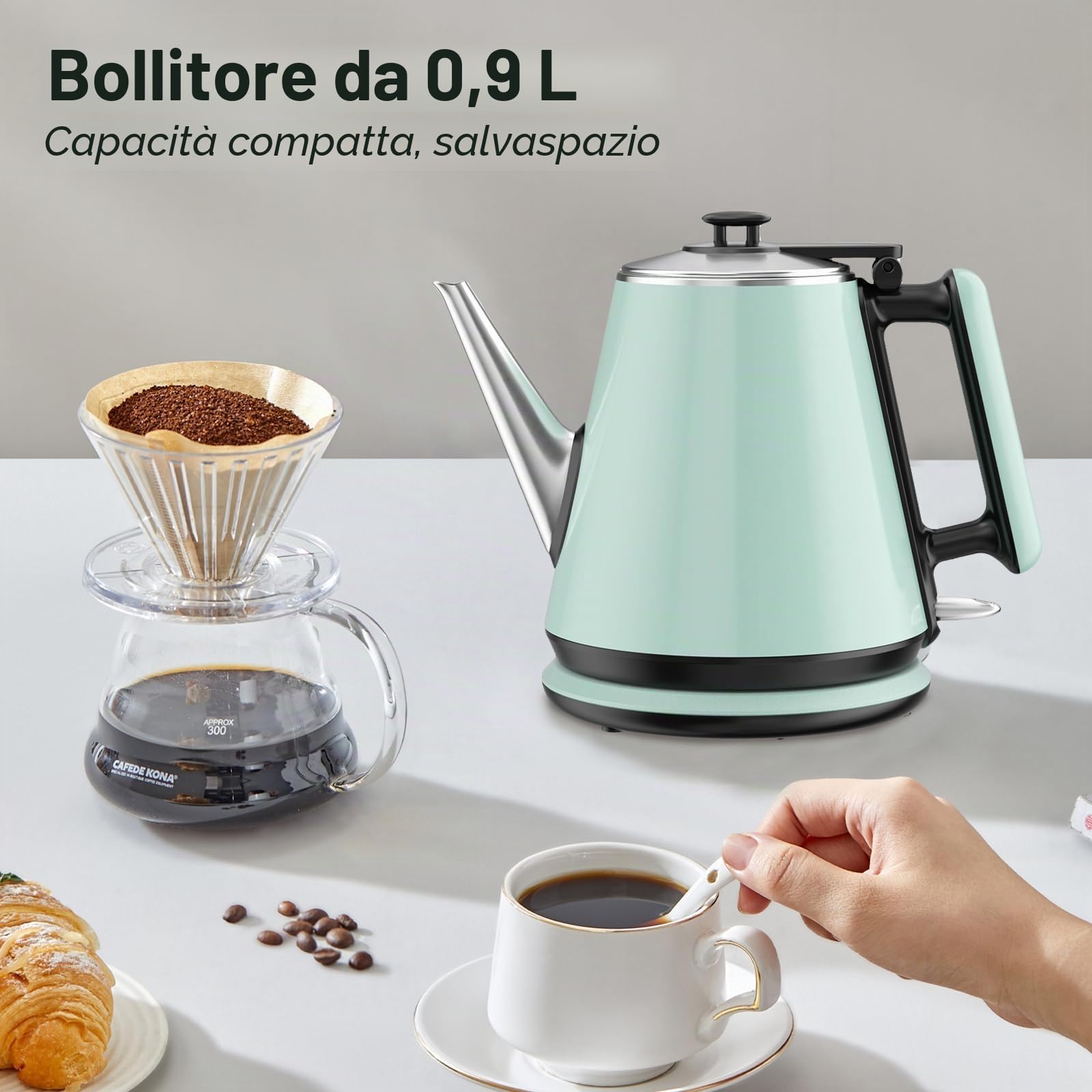 Bollitore con Collo d'Oca 0,9L, 1360W, 304 Acciaio Inox, Verde Pallido
