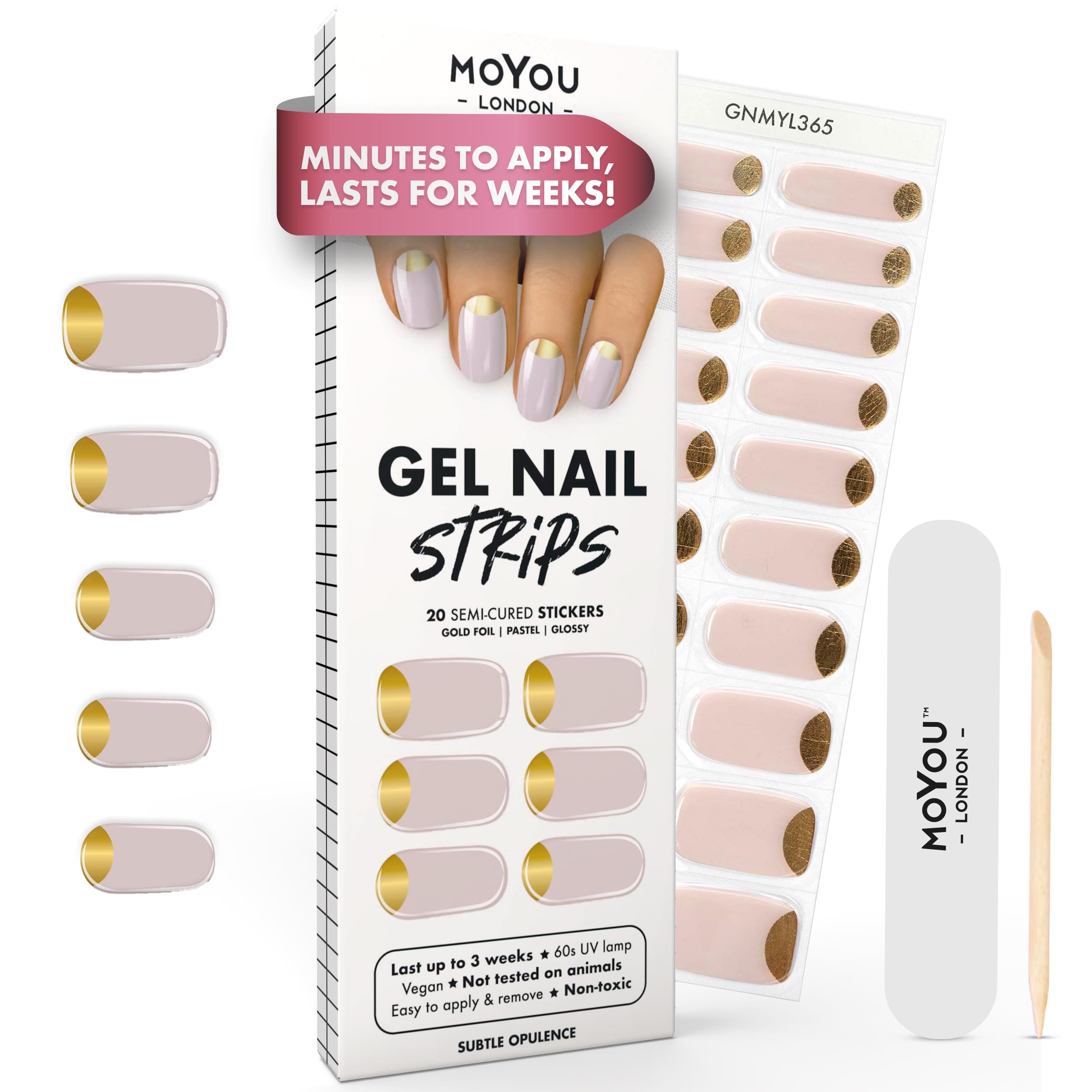 Moyou London Pastel Pink Base With Gold Foil Accent Semi Cured Gel Nail Strips - 20 Pcs. Waterproof Gel Nail Wraps, Cures In Sunlight Or Uv/Led Lamp, Lasts Up To 2+ Weeks, Stretchable, Easy To Apply & Remove, Vegan & Cruelty-Free