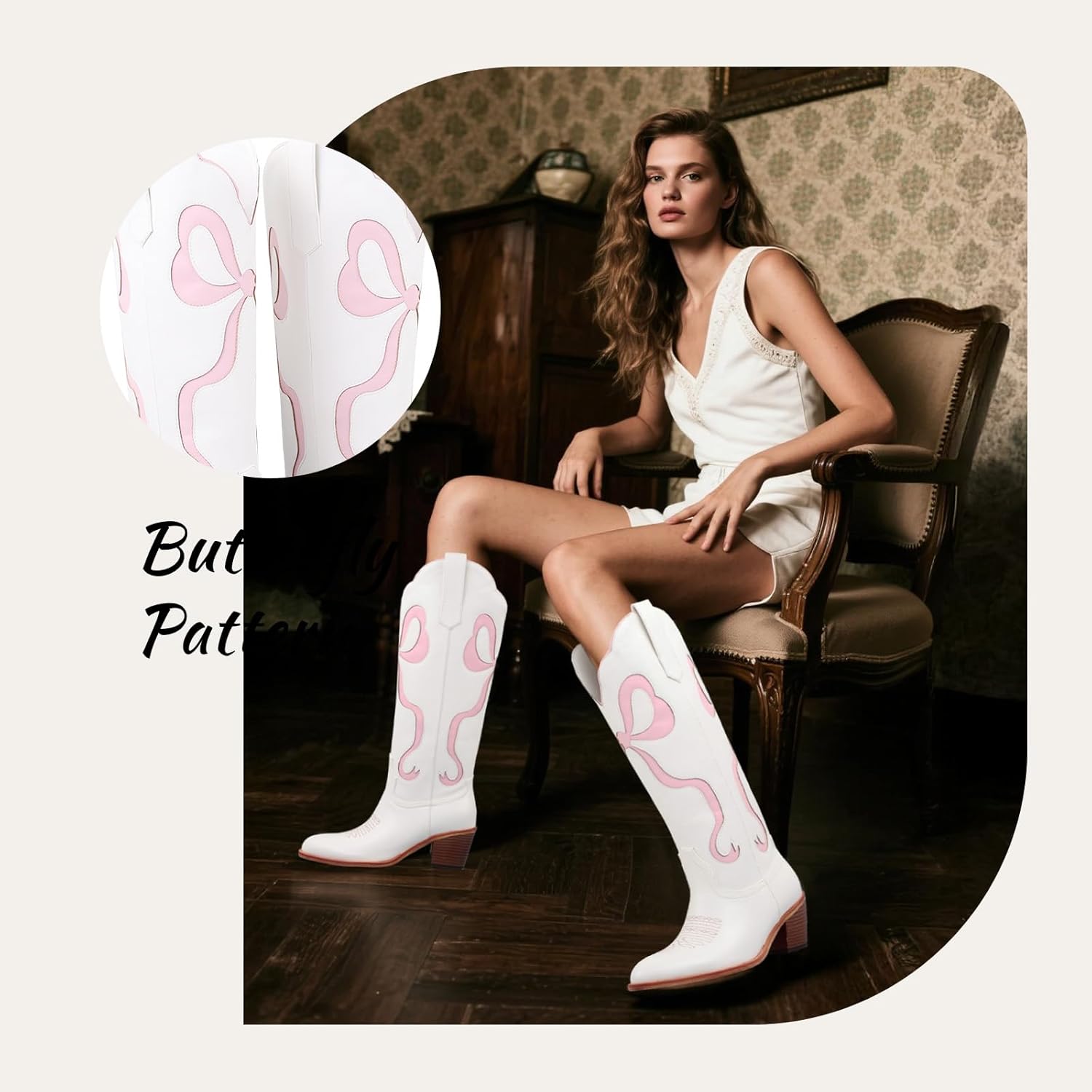 LingxiaUne Western Cowboy Boots - White Cowboy Boots with Bow Mid Calf Cowgirl Boot for Women Comfortable Chunky Heel Ideal for Country Night Party