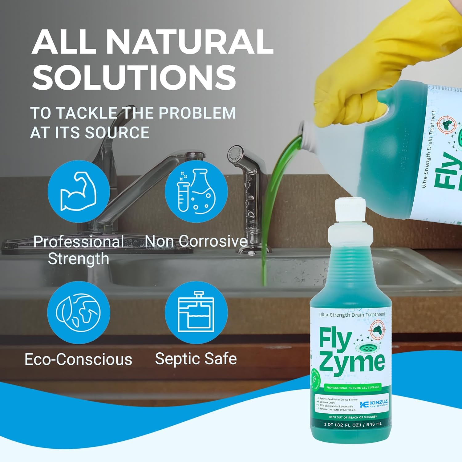 Kinzua Environmental Fly-Zyme, Highly Concentrated Enzyme Drain Cleaner for Pipes, Drain Gel for Fruit Flies, Organic Waste Degrader & Odor Neutralizer, 32 fl oz - Image 4