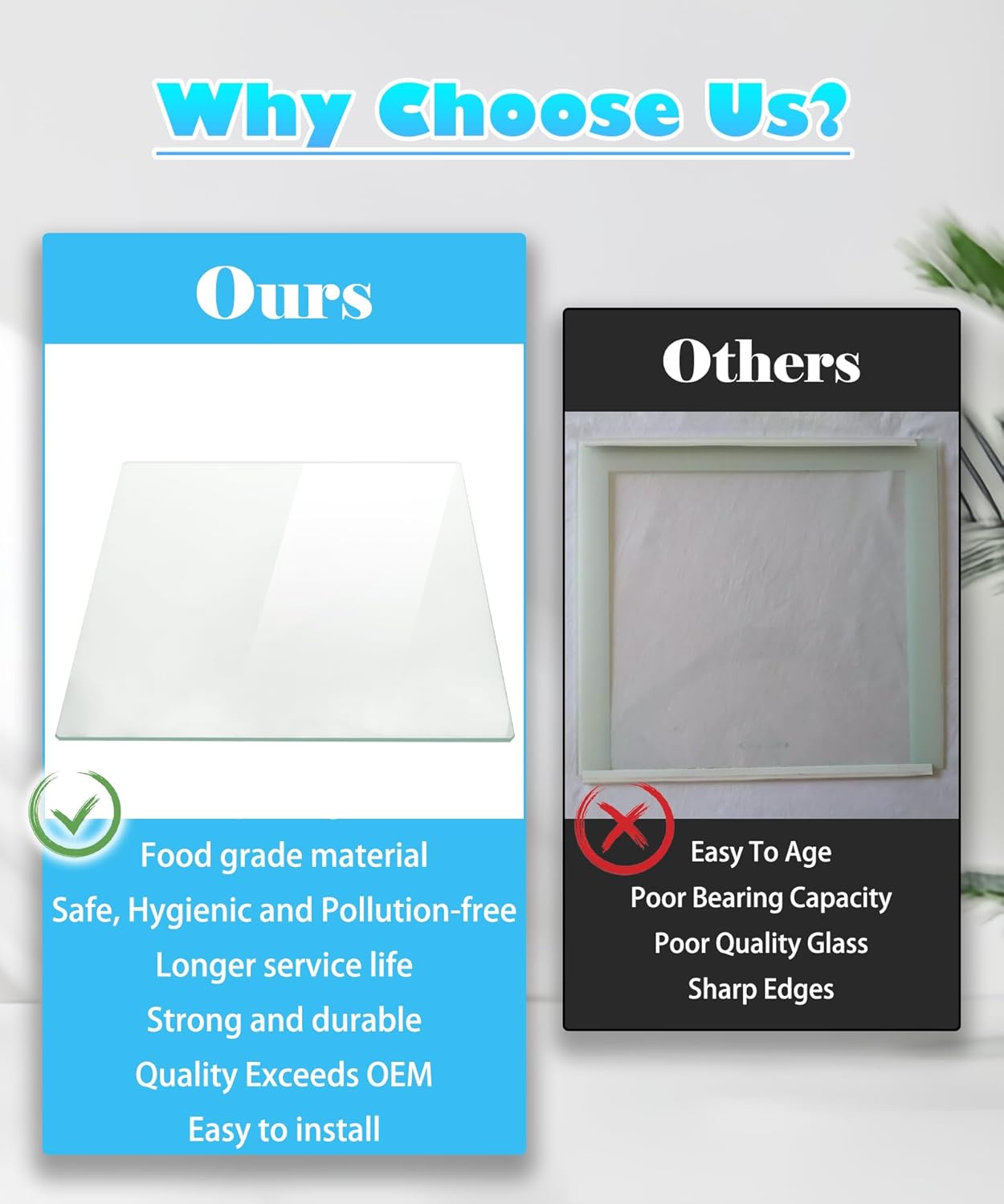 A comparison of Maigoo's refrigerator shelf and an alternative.