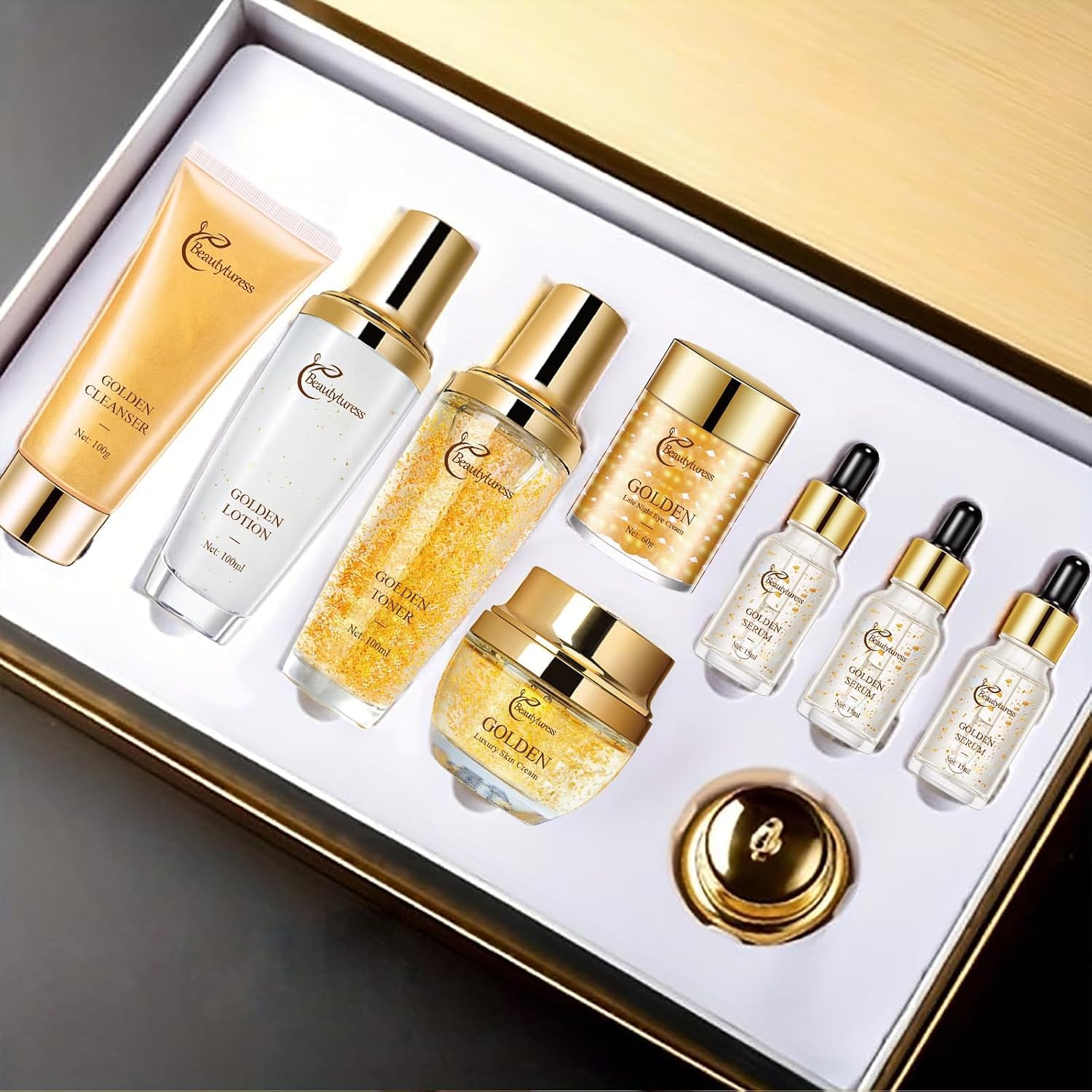 Golden Facial Skin Care Set with Cleanser, Toner, Lotion, Face Cream, Day Cream, Eye Cream & Serums, Hydrating Daily Skin Care Kit with Sodium Hyaluronate & Snail Mucin, Gift Set for Women