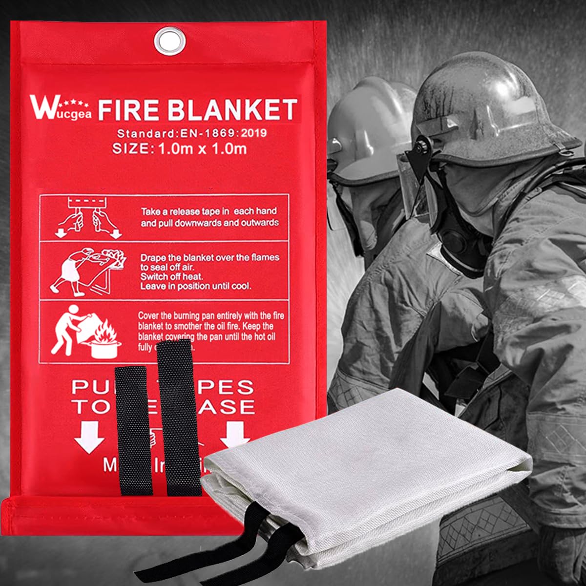 wucgea Löschdecke für küche - Feuerlöschdecke DIN EN 1869:2019 Sicherheit Glasfaser Brandschutzdecke für Fettbrände Auto Schule Kamin Grill Büro Garage Schweißen Lager 1m x 1m