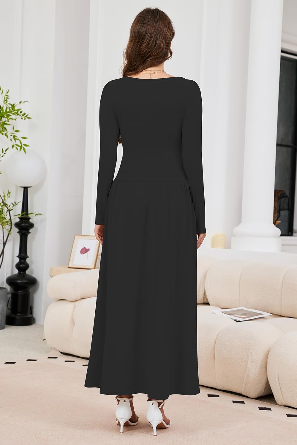 Women's 2025 Fall Long Sleeve Maxi Dress Crewneck Elegant Ruched Waist Casual Slim Pleated A Line Flowy Long Dresses - Image 4