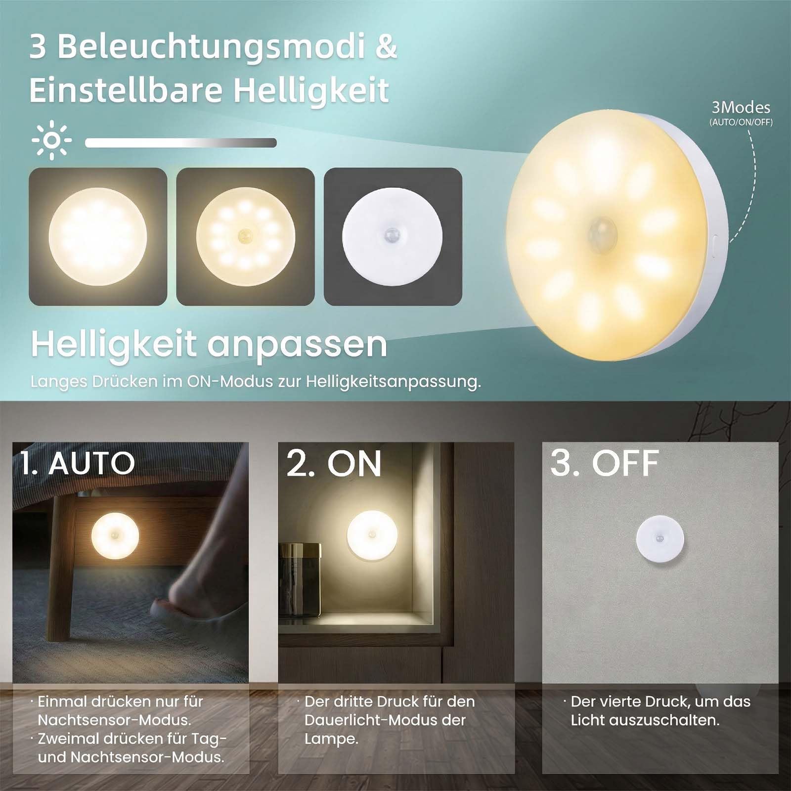 innolife 6 Stück Nachtlicht mit Bewegungsmelder Innen, 10 LED Dimmbar Treppenbeleuchtung mit 3 Modi (Auto/ON/OFF), 6000K USB Aufladbar Akku betrieben Bewegungsmelder Licht für Tre, Kinderzimmer, Flur