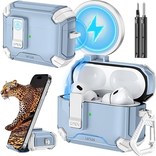 Inesore Funda compatible con AirPods Pro de 21 generación con soporte para teléfono y kit de limpieza, compatible con MagSafe, bloqueo automático