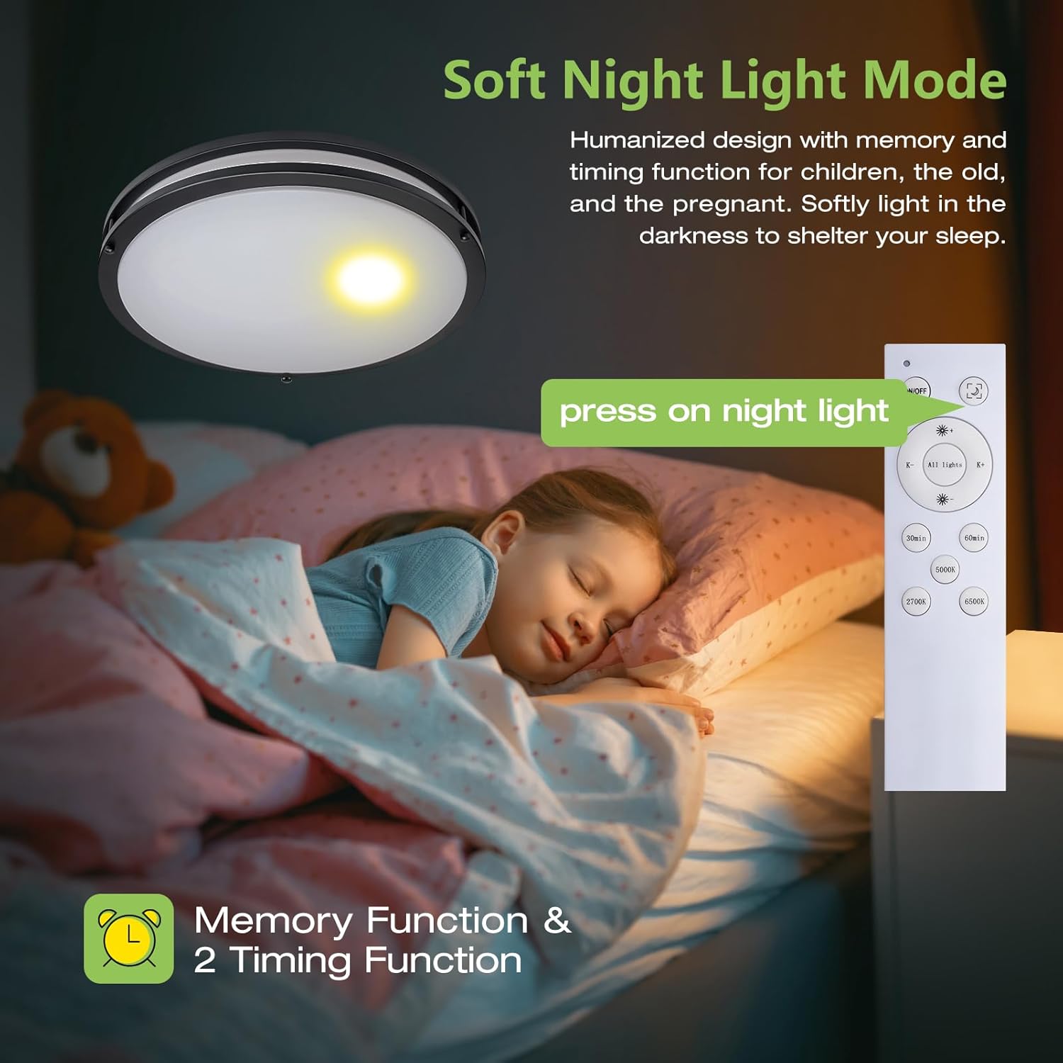 17.5 Inch Flush Mount Ceiling Light - 2 Pack 60W Remote Control Dimmable Led Ceiling Light Fixture for Kitchen Hallway Bedroom Bathroom