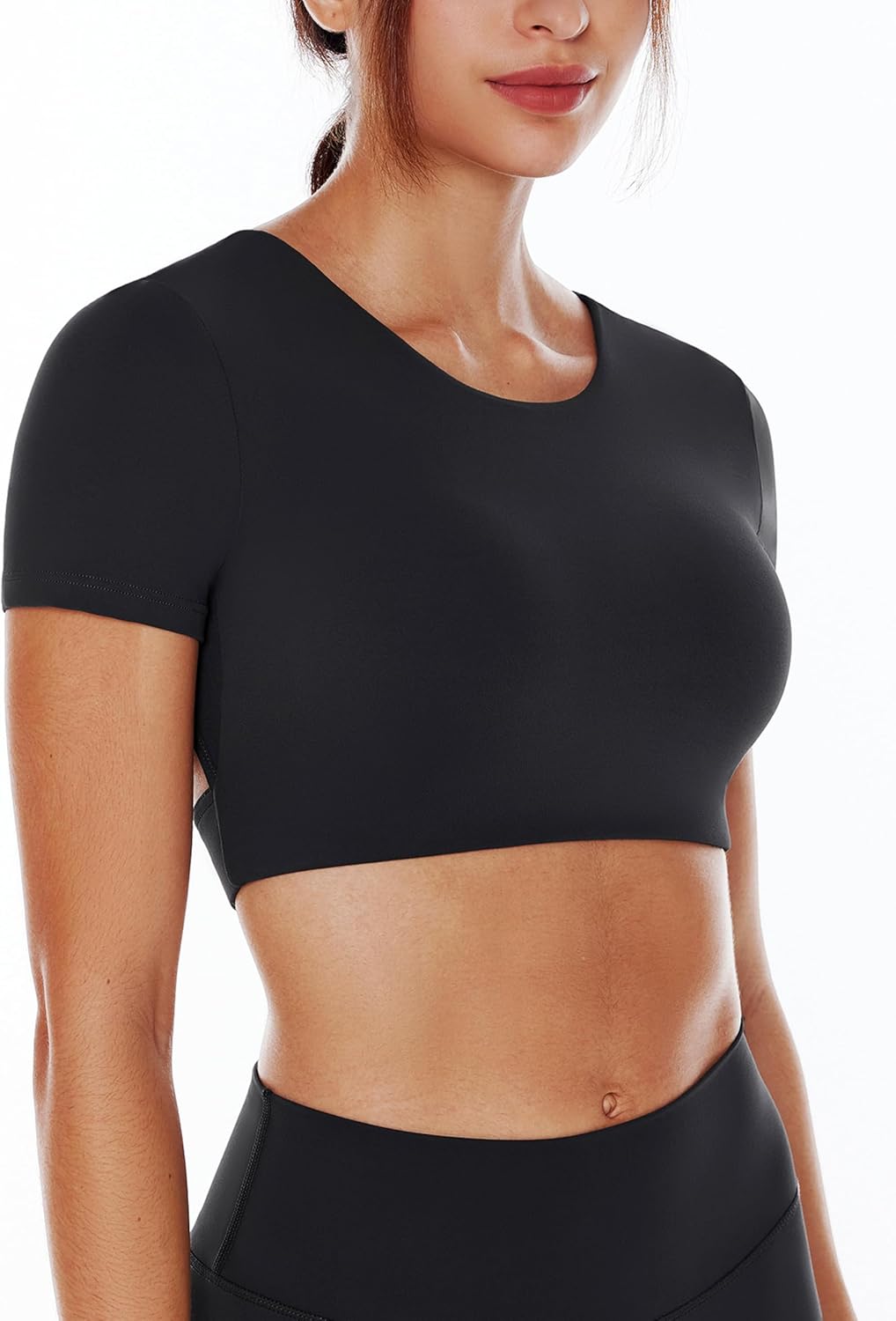 Open Back Workout Crop Tops for Women Backless Yoga Shirts Gym Short Sleeve Mild Support Compression Tee with Bra - Image 2