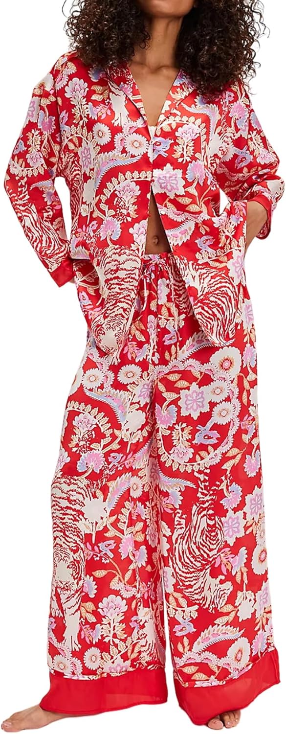 Yimoon Satin Pajama Set for Women Silk Pajamas Set 2 Piece Floral Cute Pj Set Long Sleeve Pjs Sleepwear