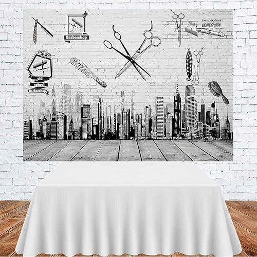 Miniatura 4 de Herramientas de barbería telón de fondo, peine de corte de pelo, edificios de gran altura, pintura de pared, madera de piso, pancarta de mesa de