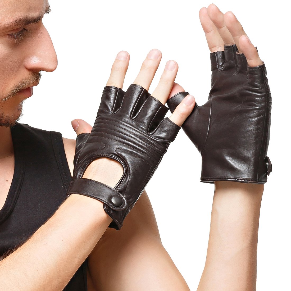 Nappaglo Men's Fingerless Leather Driving Gloves Italian Lambskin Half Finger Silk Lining Cycling Riding Outdoor Gloves (XXL (Palm Girth:9.5