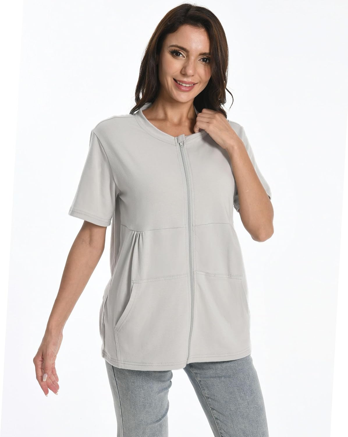 Post Mastectomy Zip Shirts with Drain Pockets Surgery Recovery Must Haves Clothing Comfy Short Sleeve Shirts - Image 3