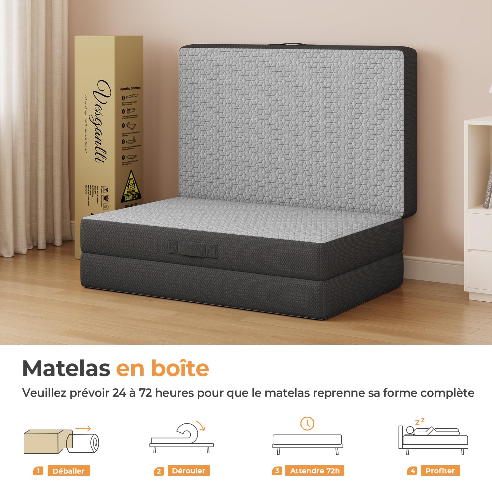 Vesgantti Matelas Pliable 140x190x15 cm avec Sac de Transport, Matelas d’Appoint Adulte en Mousse à Mémoire de Forme Gel, Lit Pliant pour Camping, Voyage, Voiture et Invités, Gris