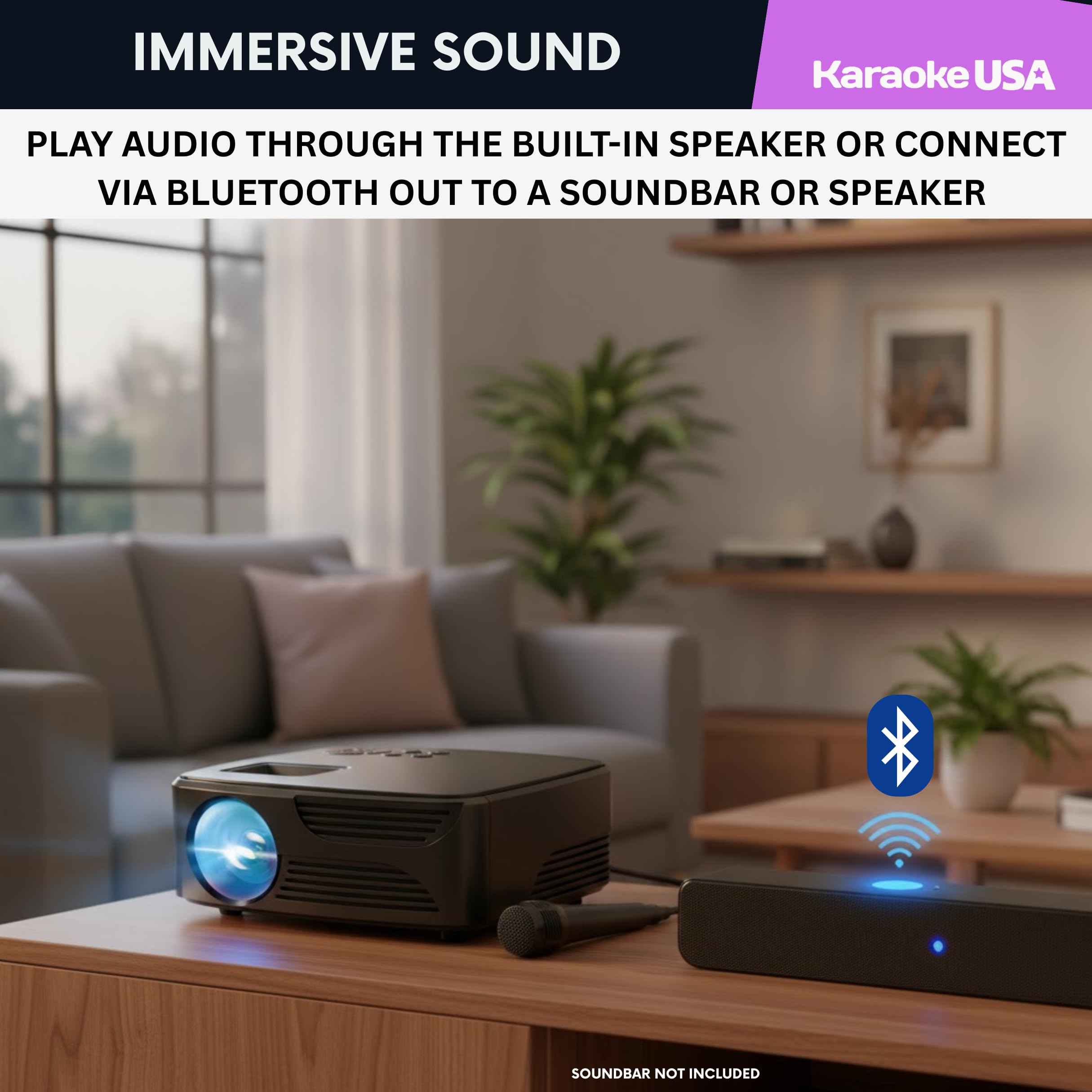 Mini proiettore Bluetooth con schermo, microfono per karaoke e telecomando, proiettore portatile per camera da letto, serate cinematografiche all'aperto e campeggio, altoparlante integrato, HDMI