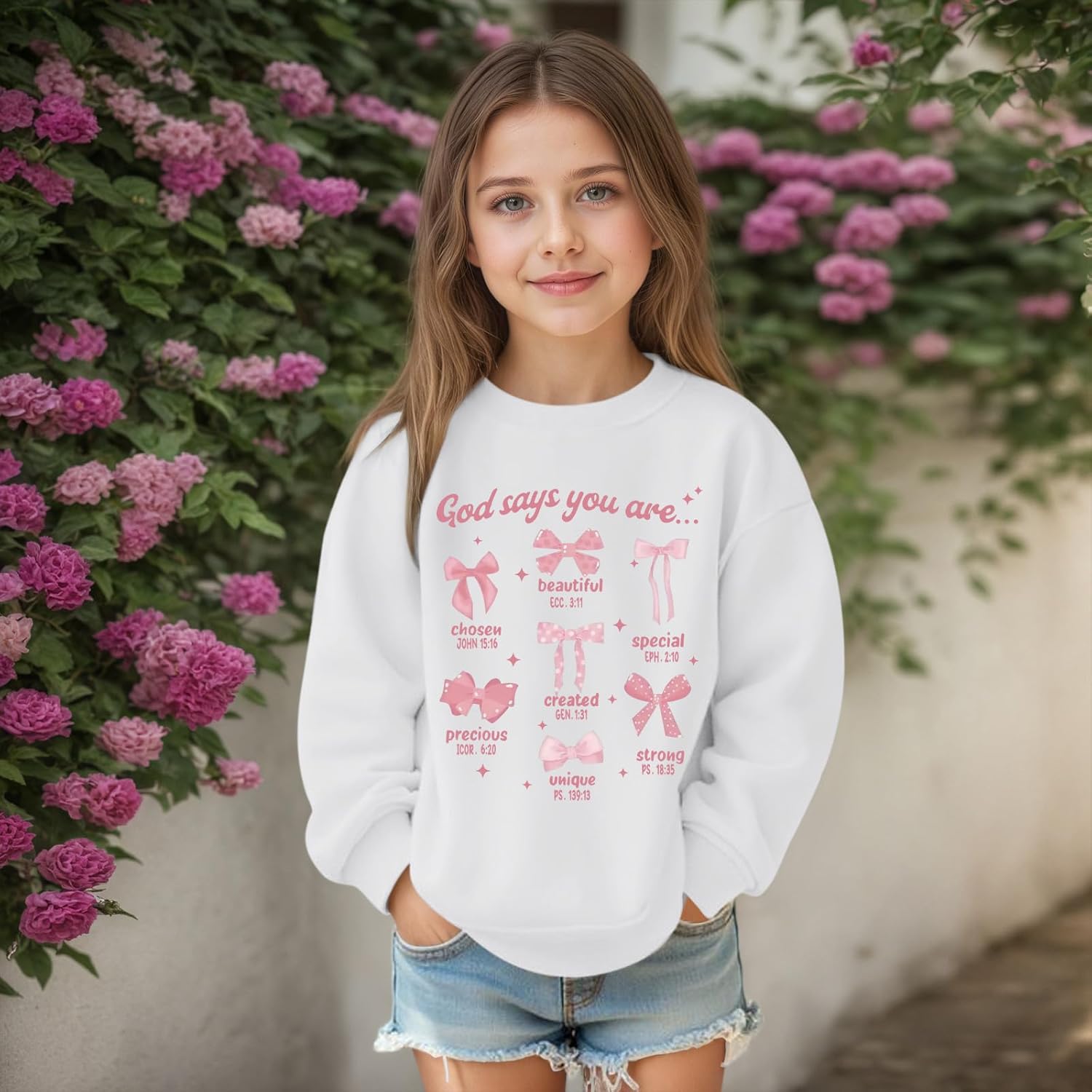 KEEVICI Cute Girls Bow Graphic Sweatshirt Christian Hoodies For Kids God Kawaii Hoodie Letter Pullover Long Sleeve Shirts Top - Image 5