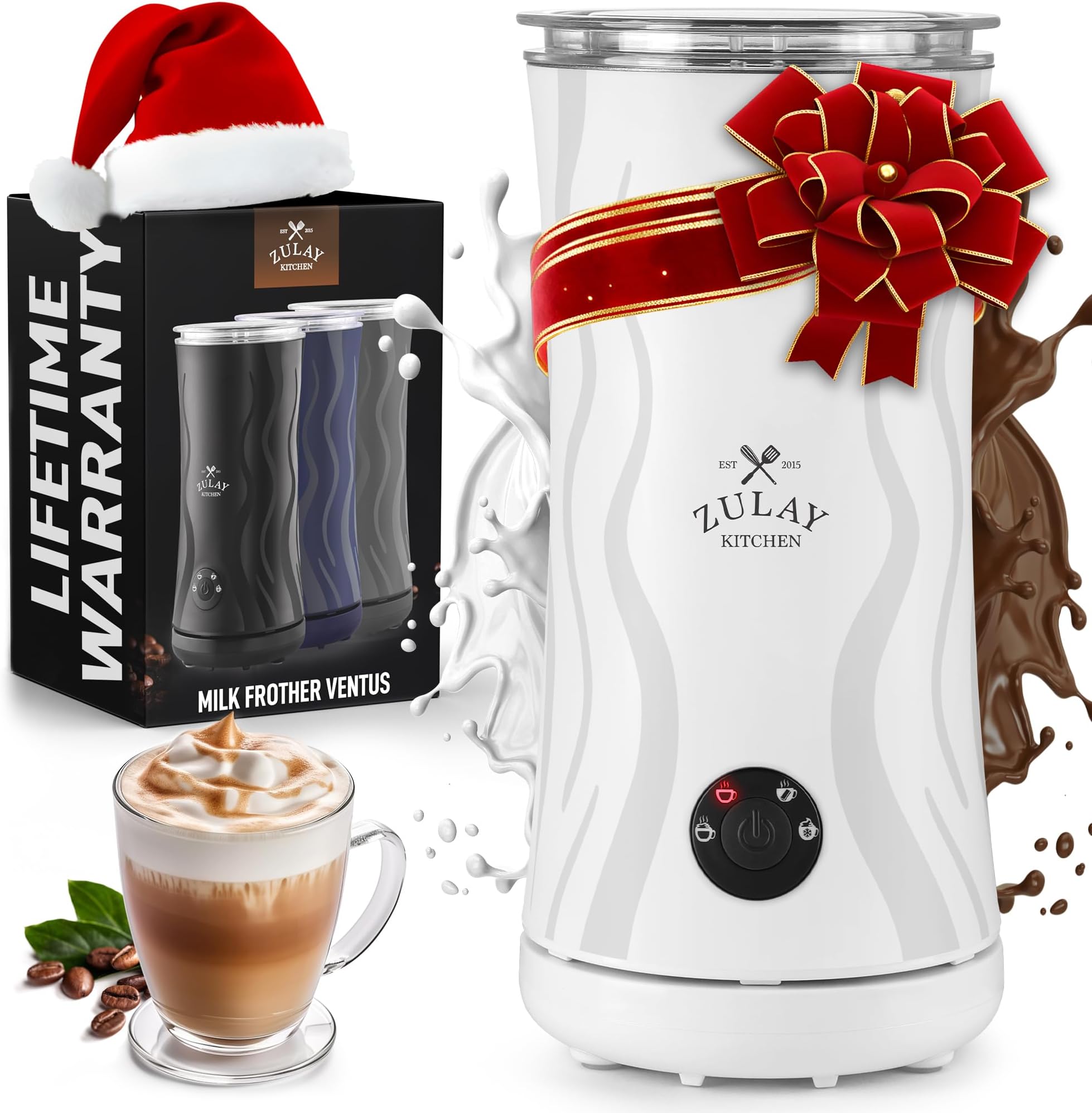 Zulay ミルク泡立て器とスチーマー - 4イン1ミルクスチーマーと泡立て器 コーヒー&ラテ用 - コールドフォームメーカー - 電動ミルクフォーマー泡立て器 - クリーマー用ミルクウォーマー カプチーノ - ベンタスホワイト