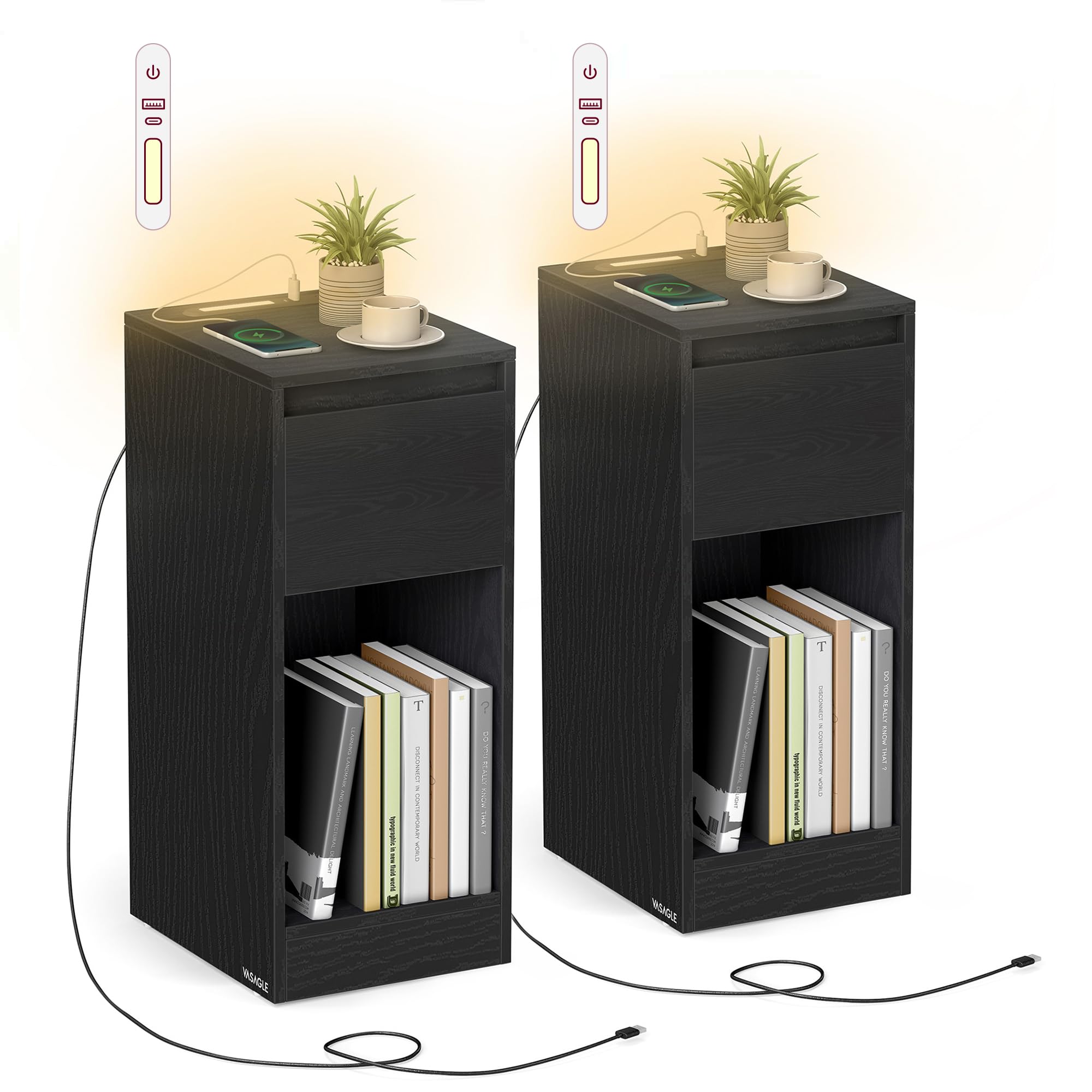VASAGLE - Slim Bedside Tables with Charging Station and LED Light, Set of 2 Narrow Side End Tables, USB Ports, for Bedroom, Living Room, Ebony Black KAILYN Collection LET710B01
