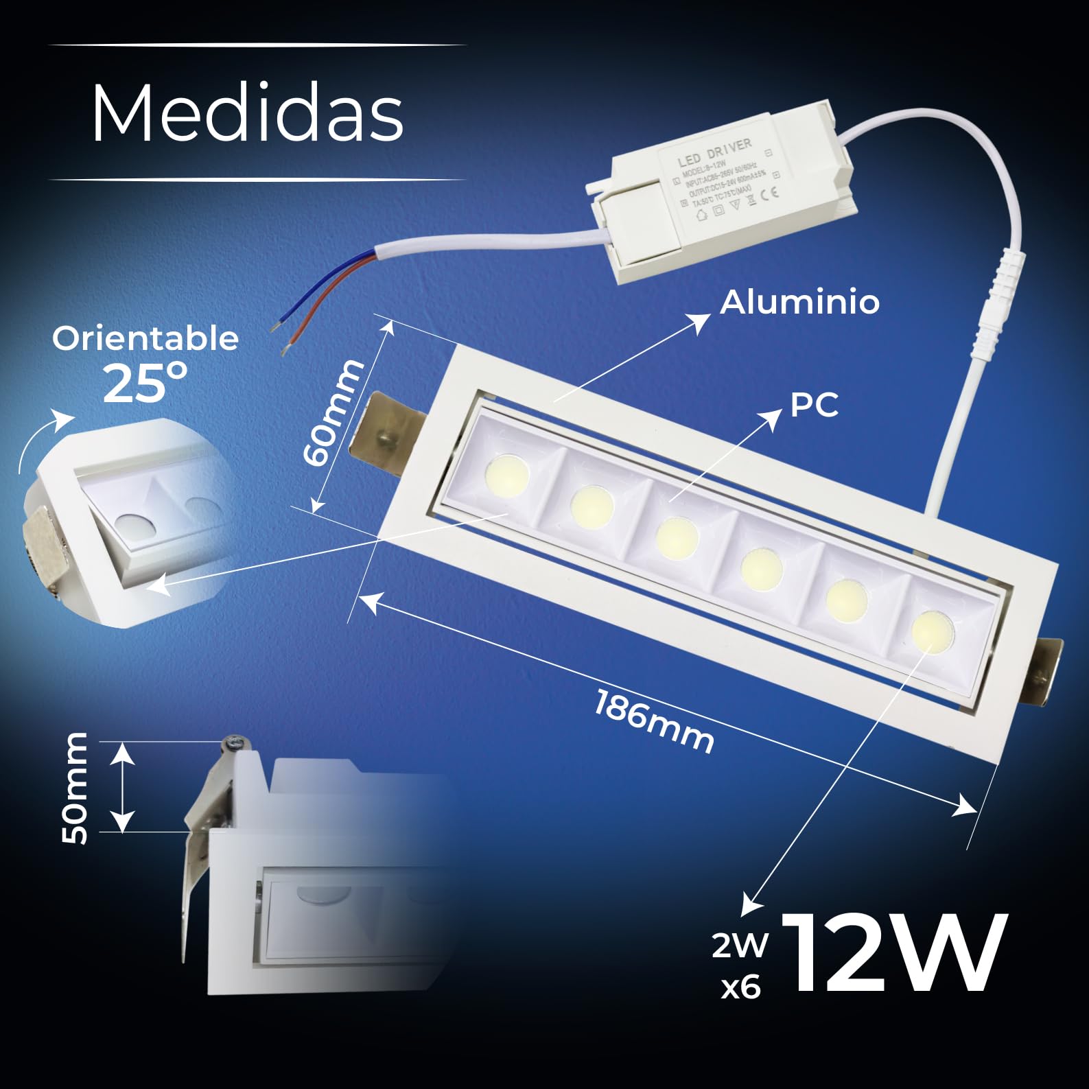 LED ATOMANT 2x Foco Downlight LED Direccionable Rectangular 12W CREE 6500K | Medida 186x60mm, 1140 Lumenes, Proteccion IP44