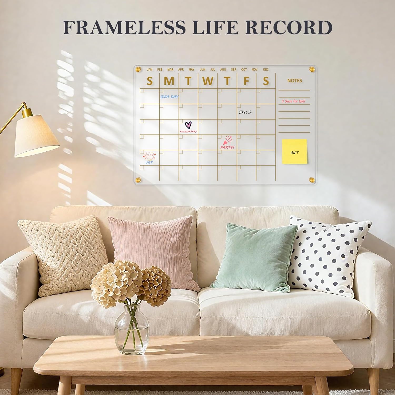 Acrylic Calendar for Wall, 24"x16" Gold Dry Erase Board Weekly Planner Wall Mounted Board, Frameless White Board for Home, Office, School