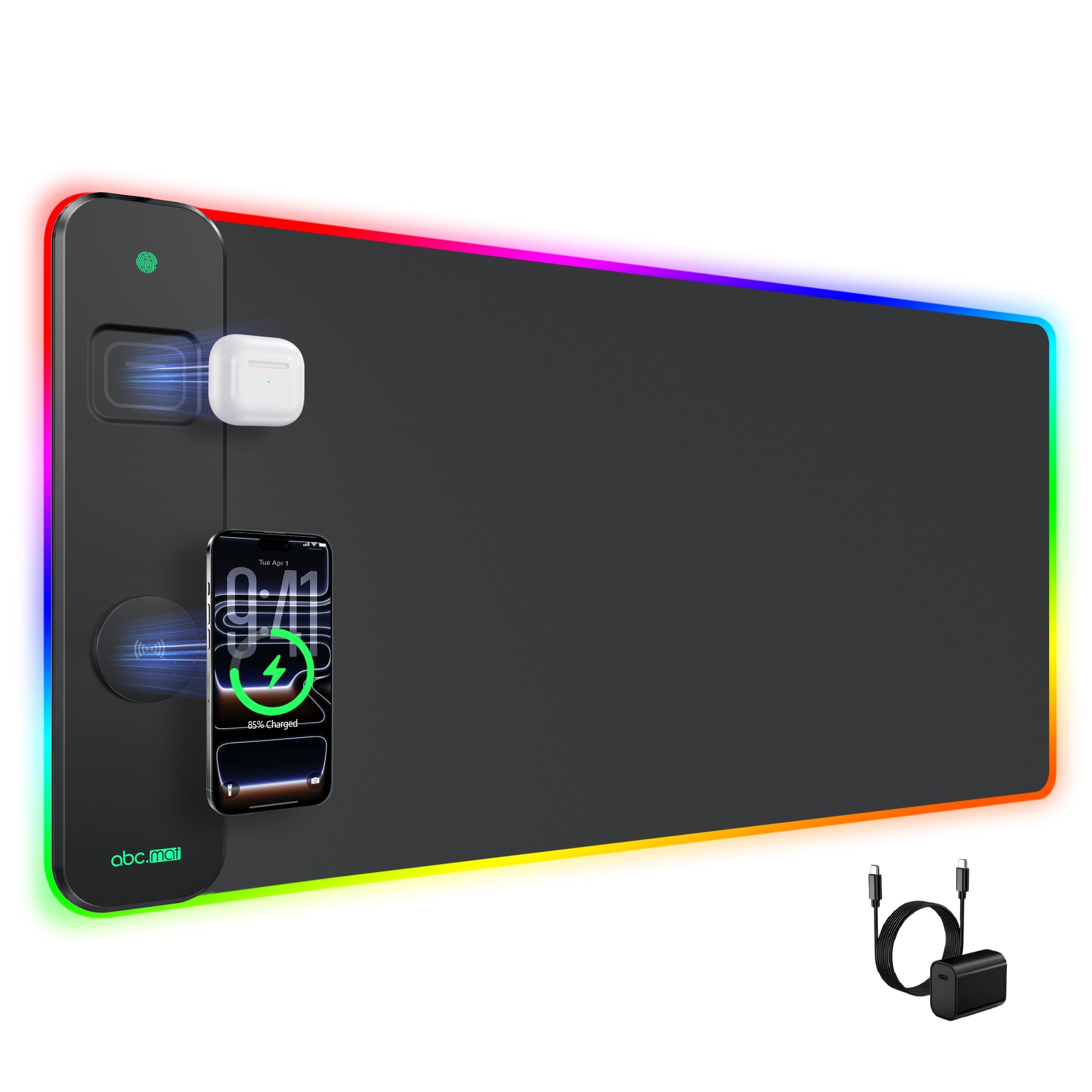 Alfombrilla de mouse RGB 3 en 1 para juegos con carga inalámbrica magnética, 31.5 x 15.8 pulgadas, grande, 24 efectos de luz, base antideslizante, superficie ultra lisa impermeable, con