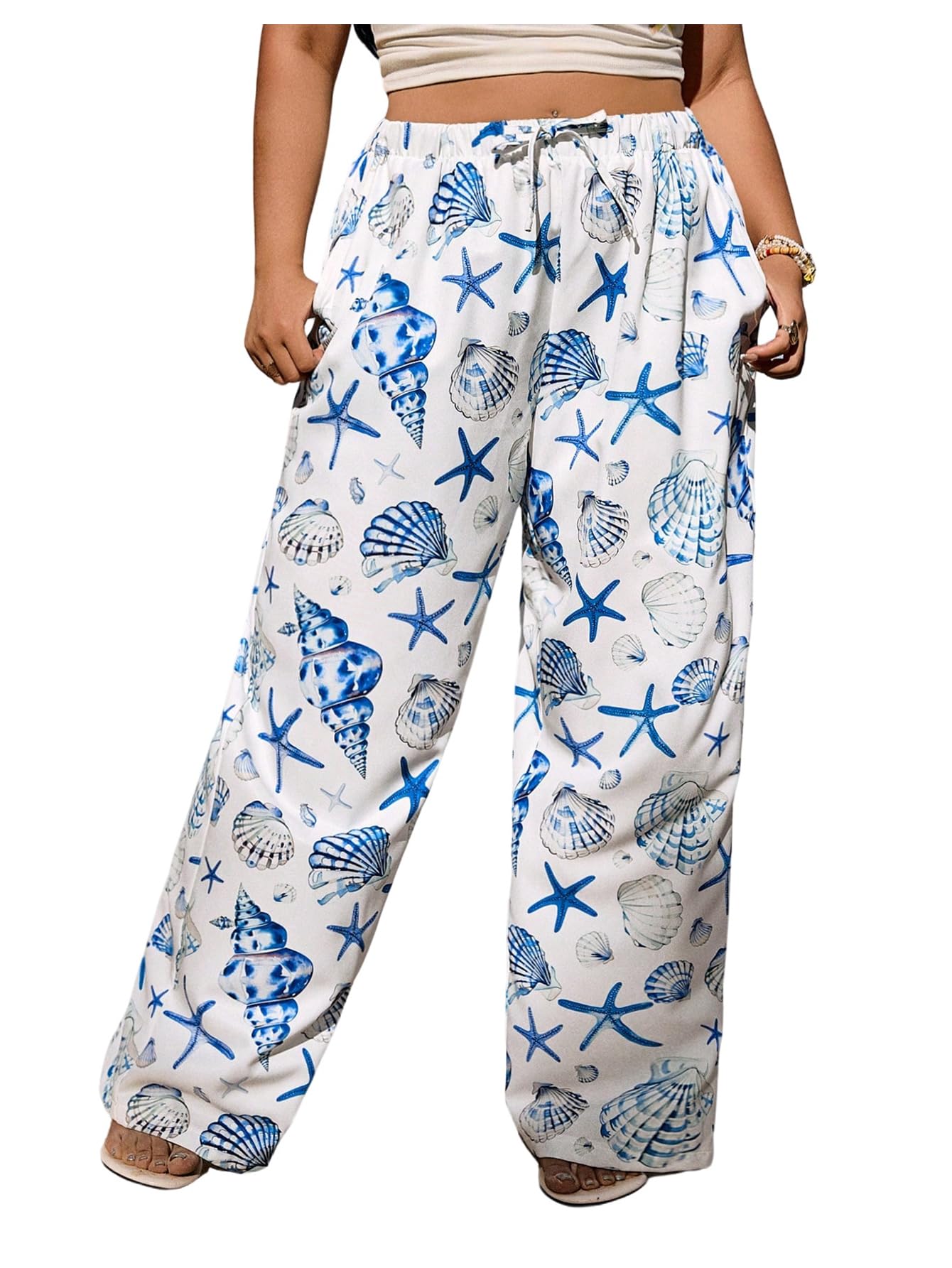 MakeMeChic Womens Plus Size Beach Starfish Seashell Print Pants Wide Leg Trousers