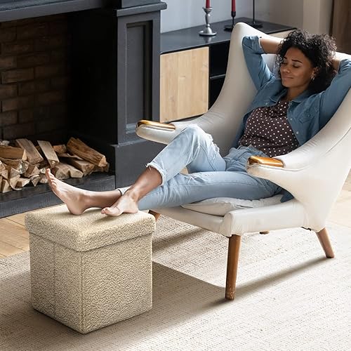 Miniatura 2 de Sordus - Otomana de tela de peluche Sherpa de almacenamiento, cubo otomano plegable de 15 pulgadas, otomana acogedora Boucle, reposapiés,