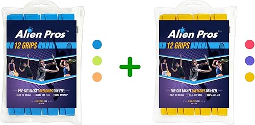 ALIEN PROS Paquete de 24 cintas de agarre para raqueta de tenis azul y amarilla, envuelve tu raqueta para un alto rendimiento