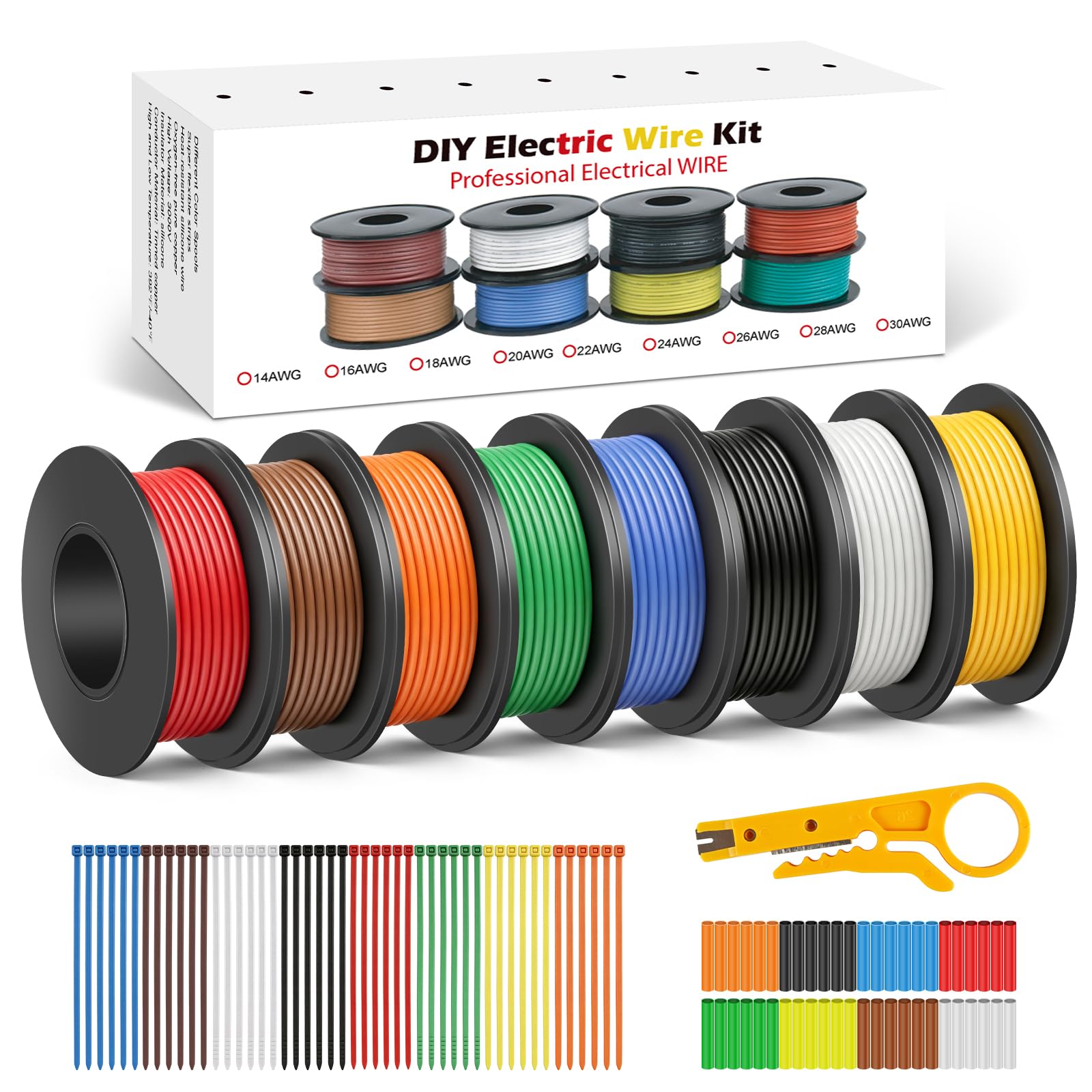 20 AWG Silicone Wire Kit, 0.5 mm² Flexible Tinned Copper Hook Up Wire, 8 Colours, 5 m / 16.4 ft per Roll, Stranded Electrical Wire for DIY Electronics, RC Models, LED Lighting and Automotive Wiring