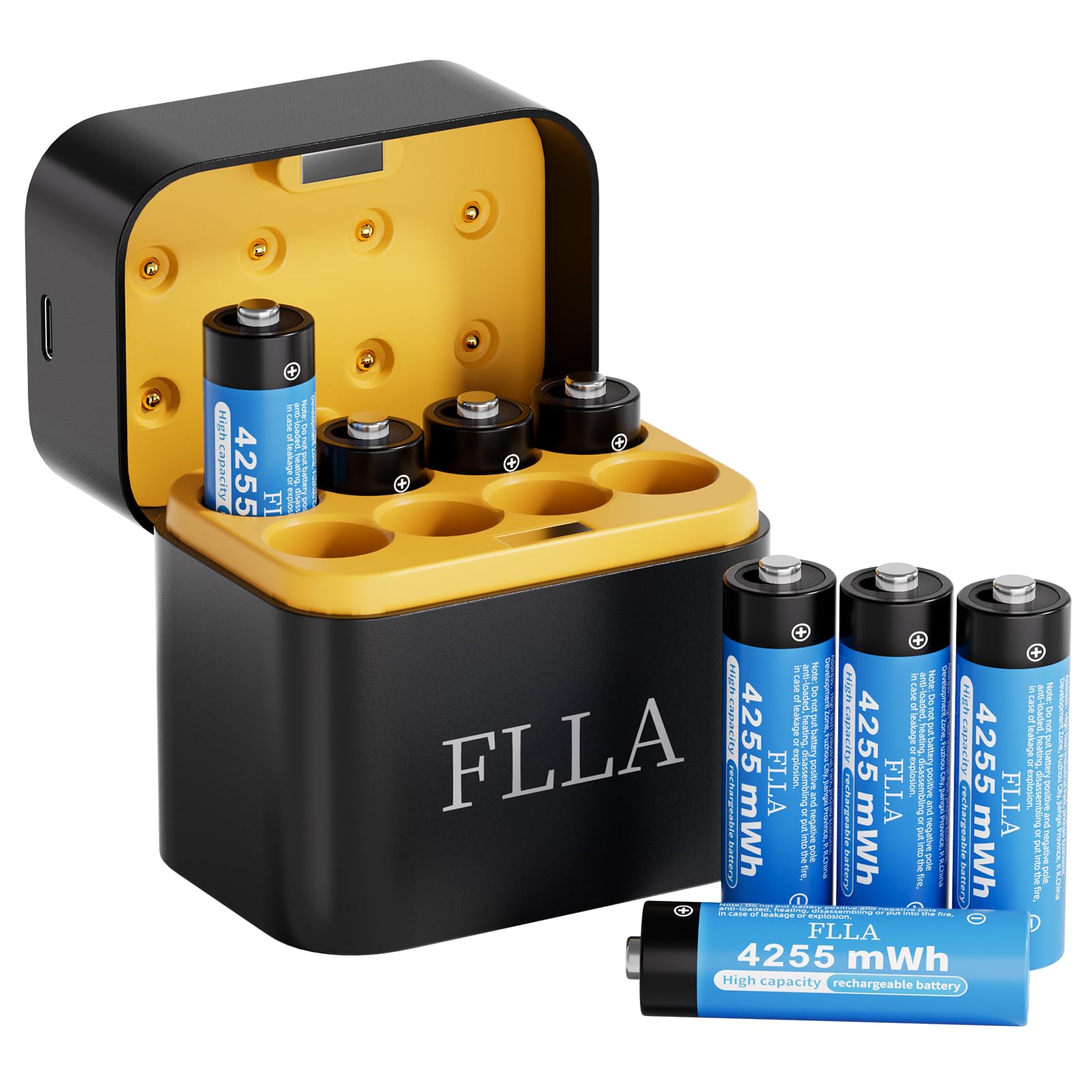 FLLA Baterías de litio AA recargables de 8 ranuras de 4255 mWh 1.5 V con cargador rápido USB-C y caja de almacenamiento, salida constante, más de 2000 ciclos para cámaras de timbre, controladores de