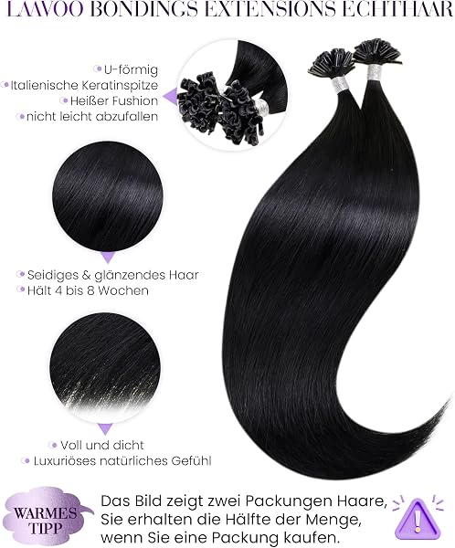 LaaVoo Schwarz Pre Bonded Haarverlängerung Echthaar Keratin Bondings 14 Zoll/35cm Extensions Haare Bonding Black 1g/s Remy U Tip Hair Extensions Echthaar Bondings 50G/50Strähne - 2
