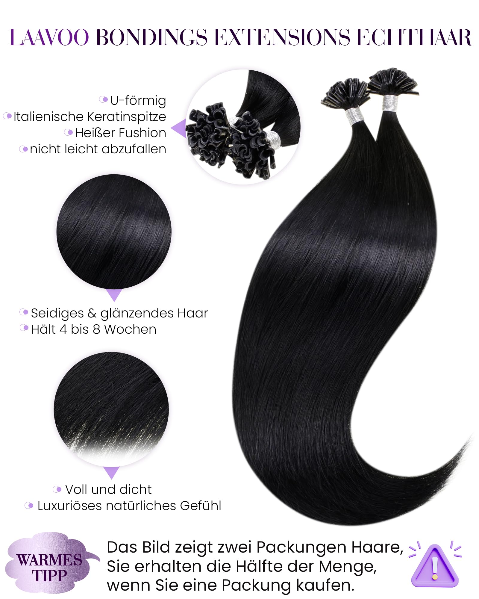 LaaVoo U Tip Extensions Keratin Bondings Schwarz 55cm Echthaar Extensions Bondings 1g/s U Tip Haare Extensions Haarverlängerung Echthaar Pre Bonded Schwarz #1 100s 100G - 3
