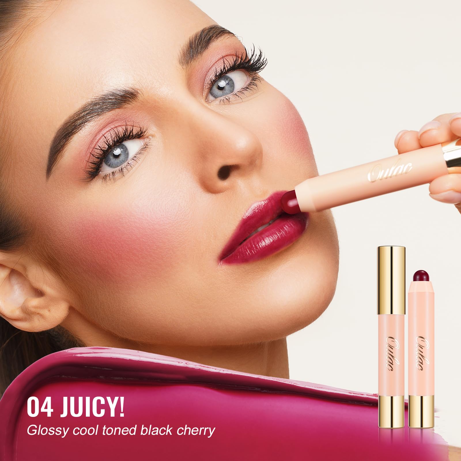 Oulac Black Cherry Lipstick - Lipstain and Blush Duo, Tinted Lip Balm, Moisturising and Nourishing, Glossy Finish, Vegan, JUICY!(04) - Image 2