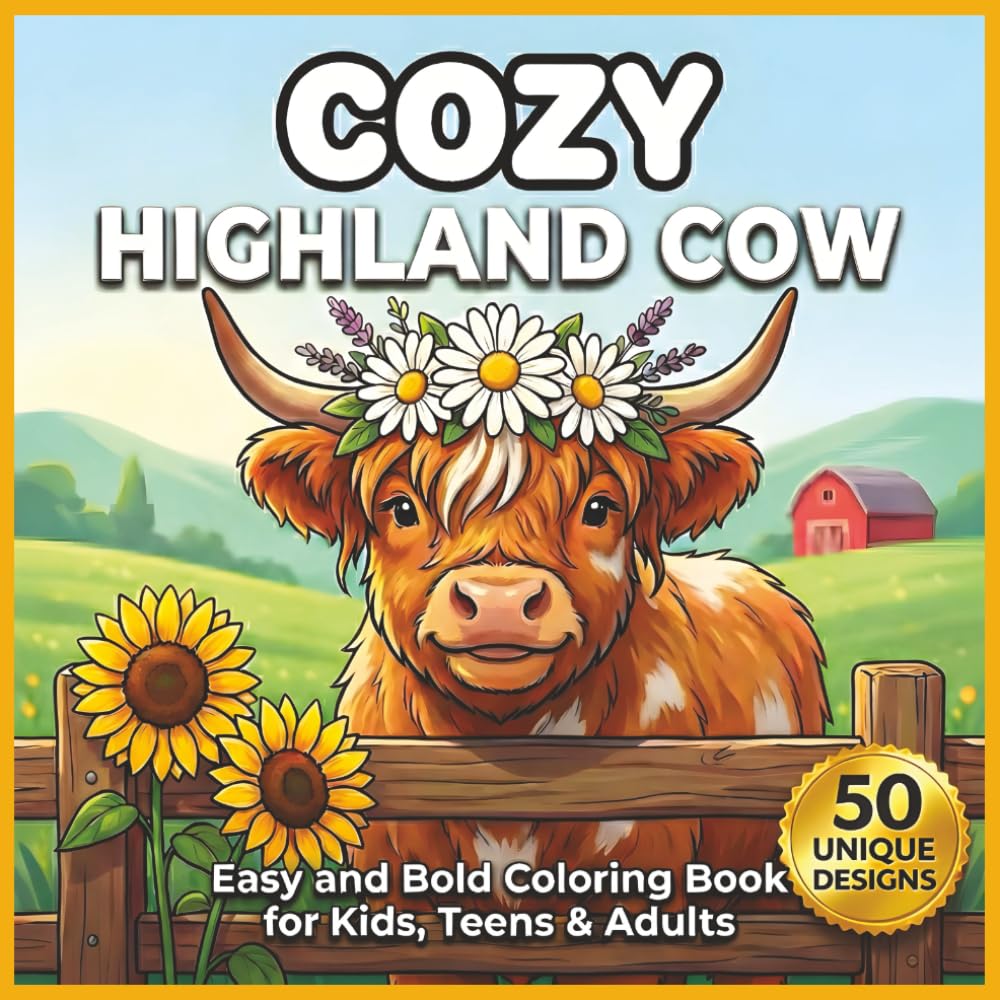 COZY Highland Cow: Easy and Bold Coloring Book for Kids, Teens & Adults: 50 Simple and Adorable Scottish Farm Scenes Featuring Fluffy Cows for Stress ... and Mindfulness | 8.5 x 8.5 Square Edition.