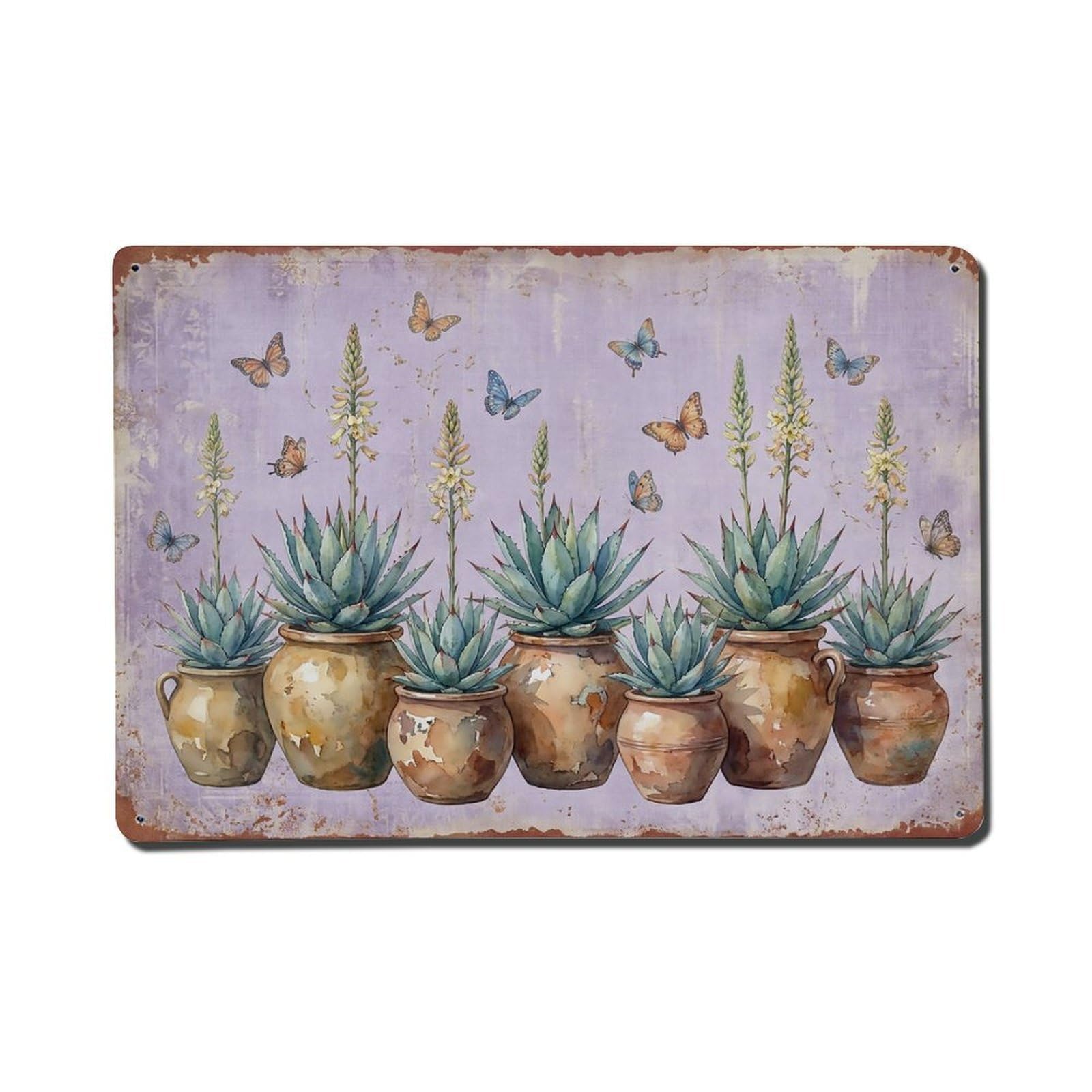 Vintage Rustic Flower Potted Plants Agave Metal Tin Sign