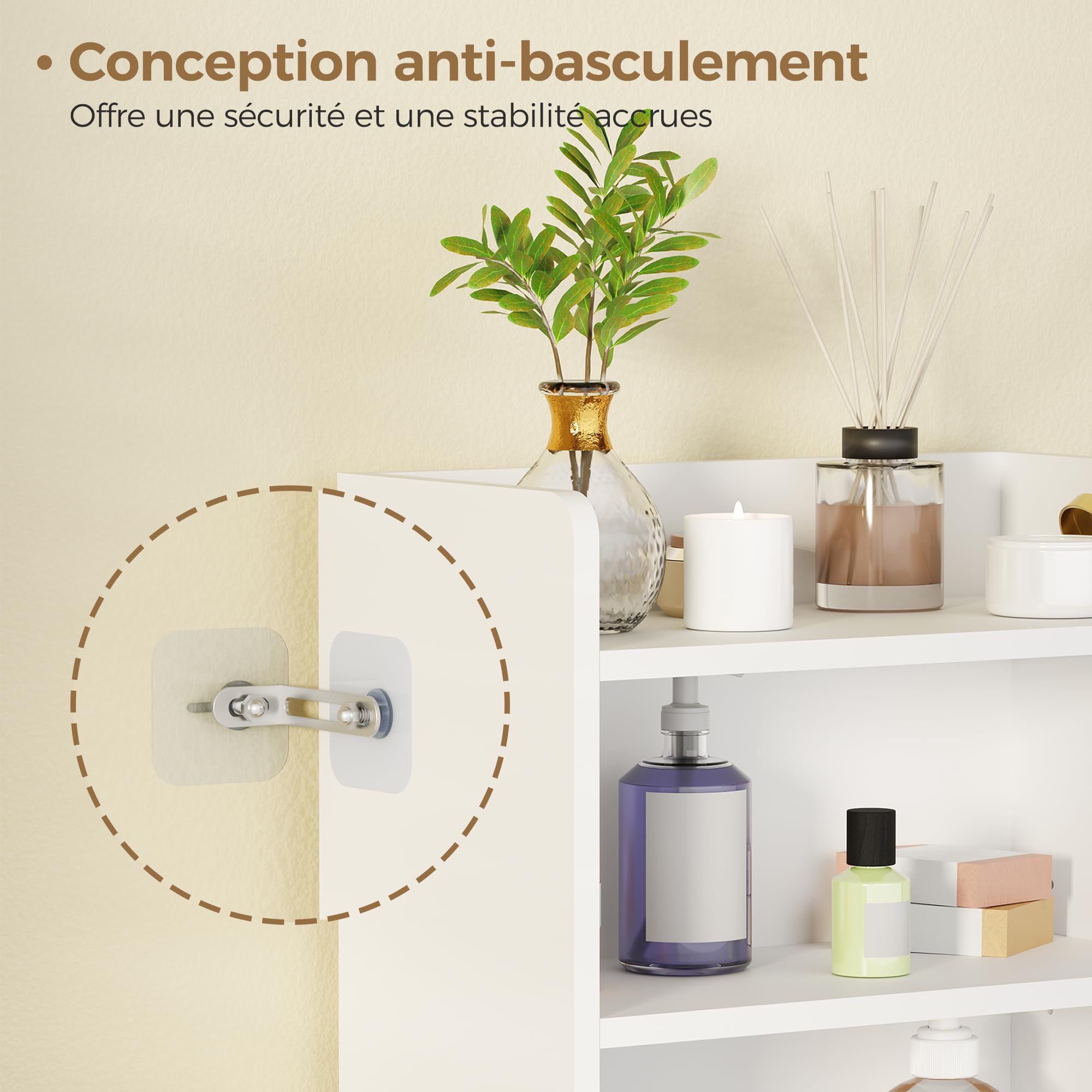 Bewishome Meuble Salle de Bain, Armoire Salle de Bain Petit Espace | Meuble de Rangement avec 2 Portes et Cloisons Réglables, 20 x 37 x 80 cm, Blanc, EYYG08W