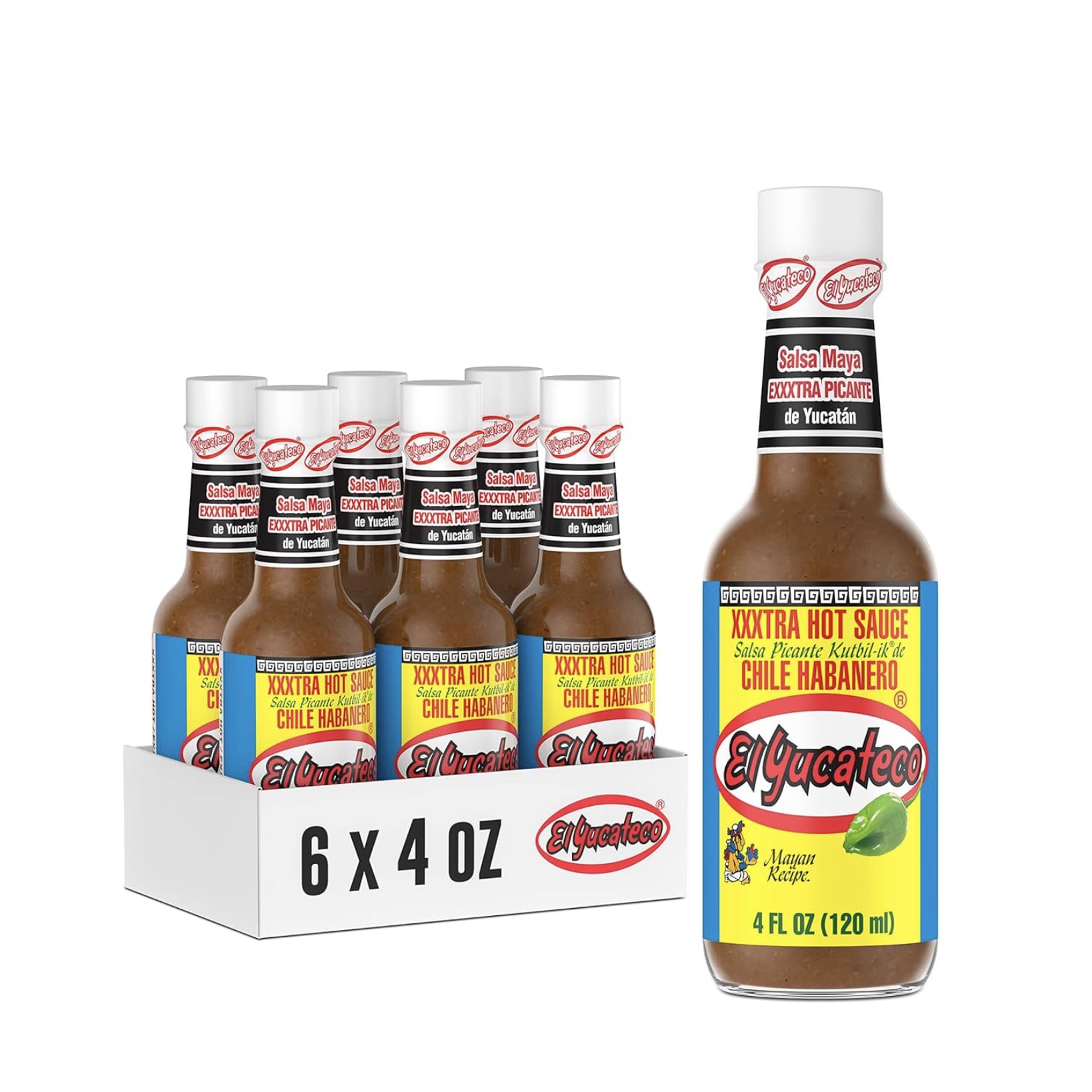 El Yucateco XXXtra Hot Habanero Hot Sauce, 4 oz (Pack of 6) – 11,250 Avg Scoville Units, Gluten-Free & Sugar-Free, Authentic Mexican Habanero Sauce for Tacos, BBQ & Spicy Food Lovers