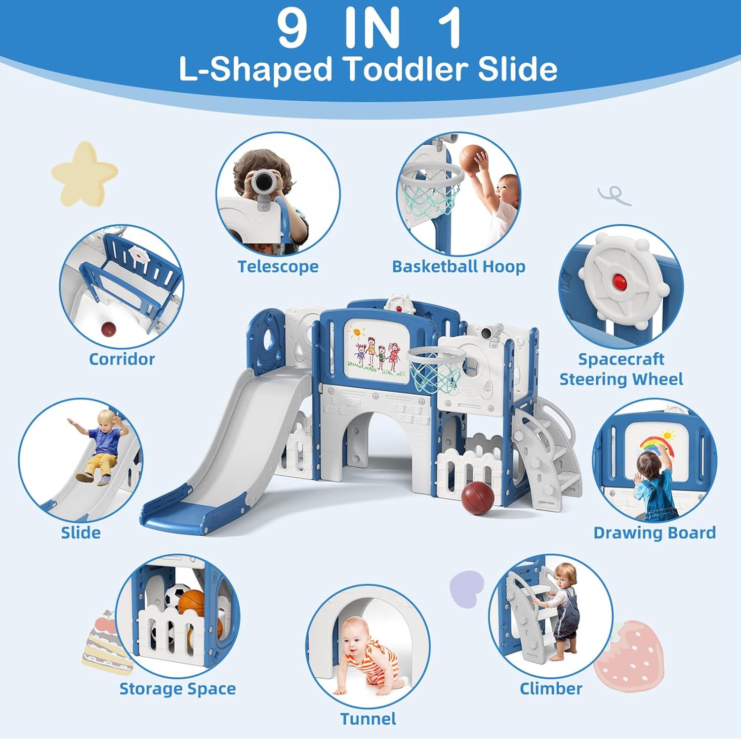 Glaf 9 in 1 Toddler Slide Outdoor Playset Playground Baby Kids Indoor Slides for Toddlers 1-3 with Climber Basketball Hoop Drawing Board and Storage Space (Blue)