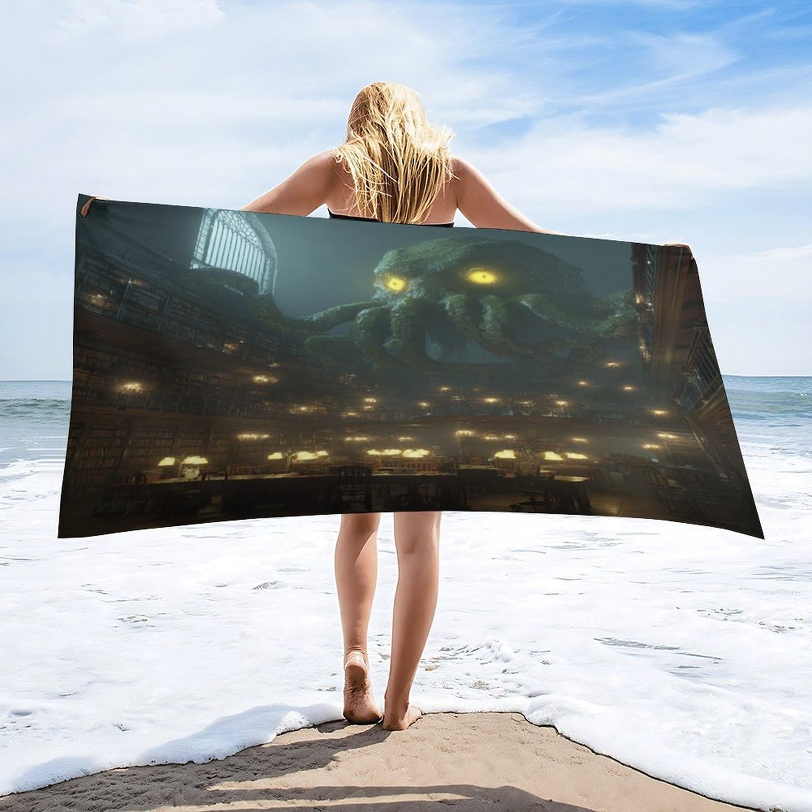 Luyysky Vintage Modern Sea Octopus Quick-Drying Beach Towel, Classic Retro Animal Octopus Library Bookshelves Travel Vacation Single Sided Pile Bathroom Towels-80 W Cm X 160" L Cm