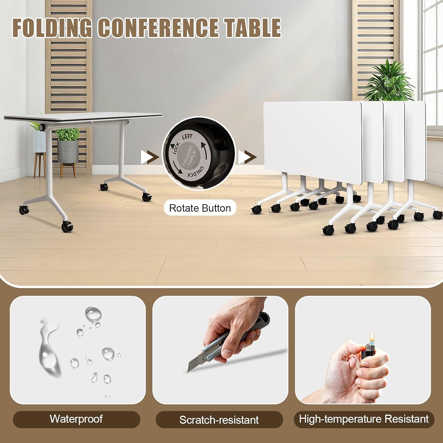 Modular Conference Room Table,8 Pcs Folding Conference Table with Silent Wheels,Modern Stackable Conference Table Mobile Seminar Meeting Tables for Office,Training Classroom (White 47in)