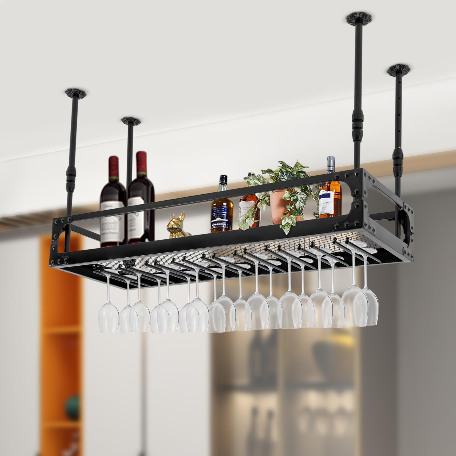 Mensola da soffitto per vino, da soffitto, in metallo, regolabile in altezza, fino a 50 kg, 100 x 35 x 55 cm, colore nero, per bar, ristorante, caffetteria, cucina