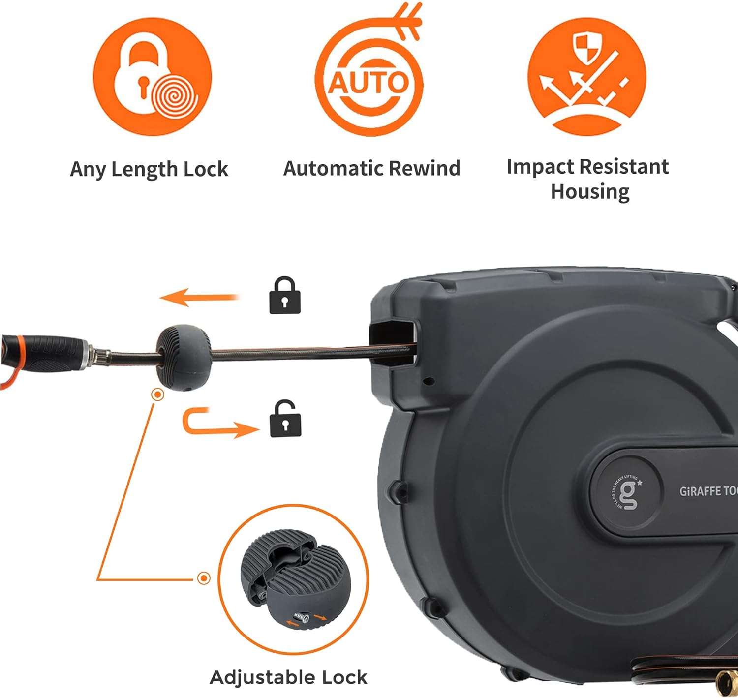 Giraffe Tools Retractable Garden Hose Reel 5/8" x 115+5 ft, Heavy Duty Wall Mounted Water Hose Reel with Automatic Rewind, 180° Swivel Bracket, Slow Retraction Technik, 9 Pattern Nozzle : Patio, Lawn & Garden