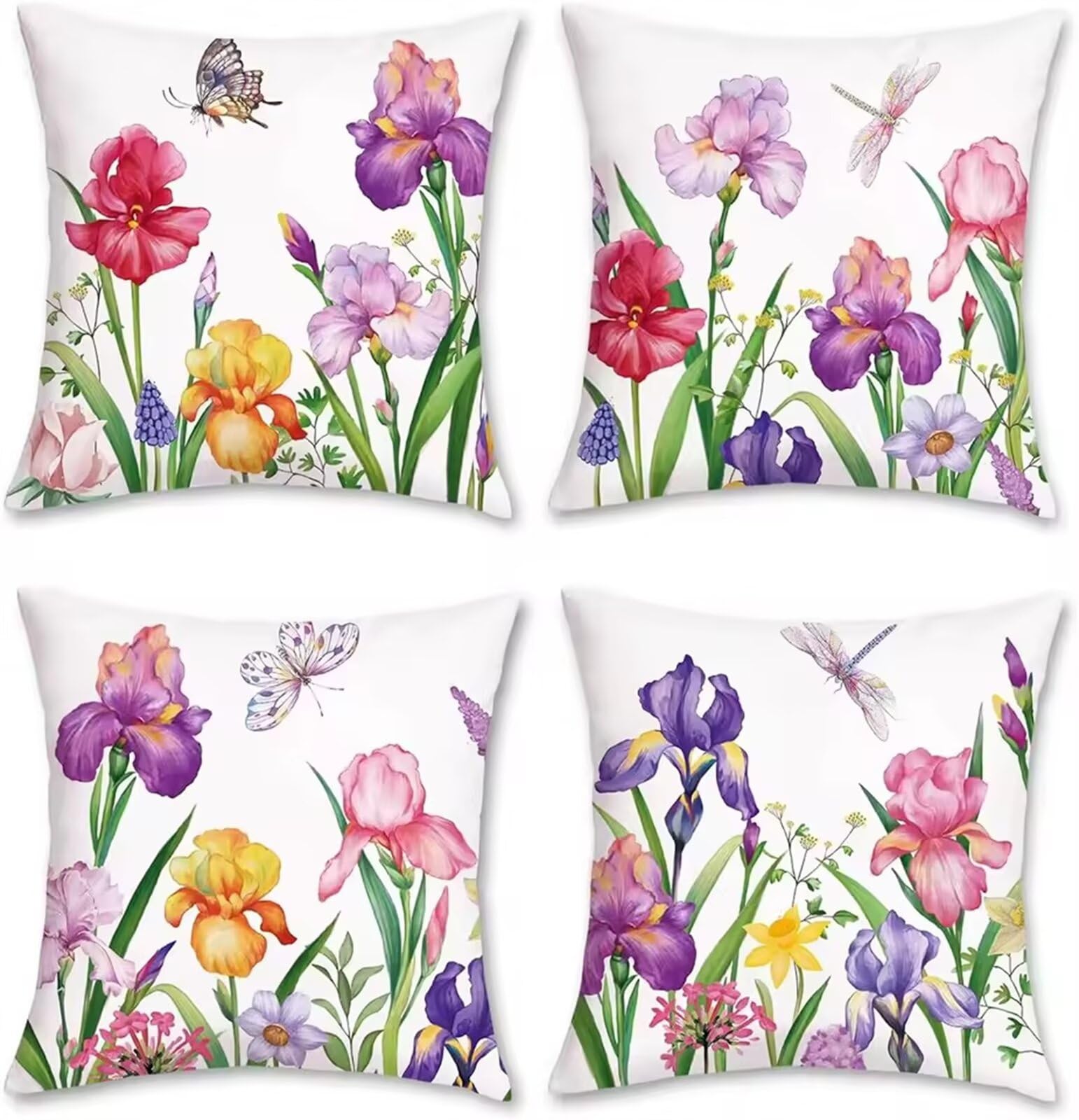Heaen Outdoor Cushions Covers Waterproof 35x35 cm Set of 4 Square Linen Pillow Cases Butterfly Wildflowers Decorative Dushions for Sofa Porch Patio Home Decor