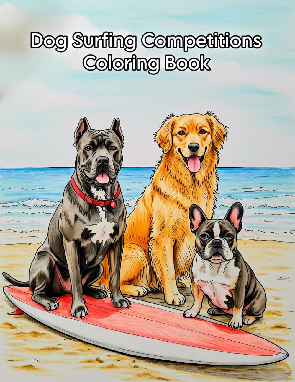 dog surfing competitions coloring book: Surfing Adventures Coloring Book for All Ages, includes a variety of dog breeds (Doberman, Chihuahua, Husky, Chow-Chow, Pitbull, etc.)