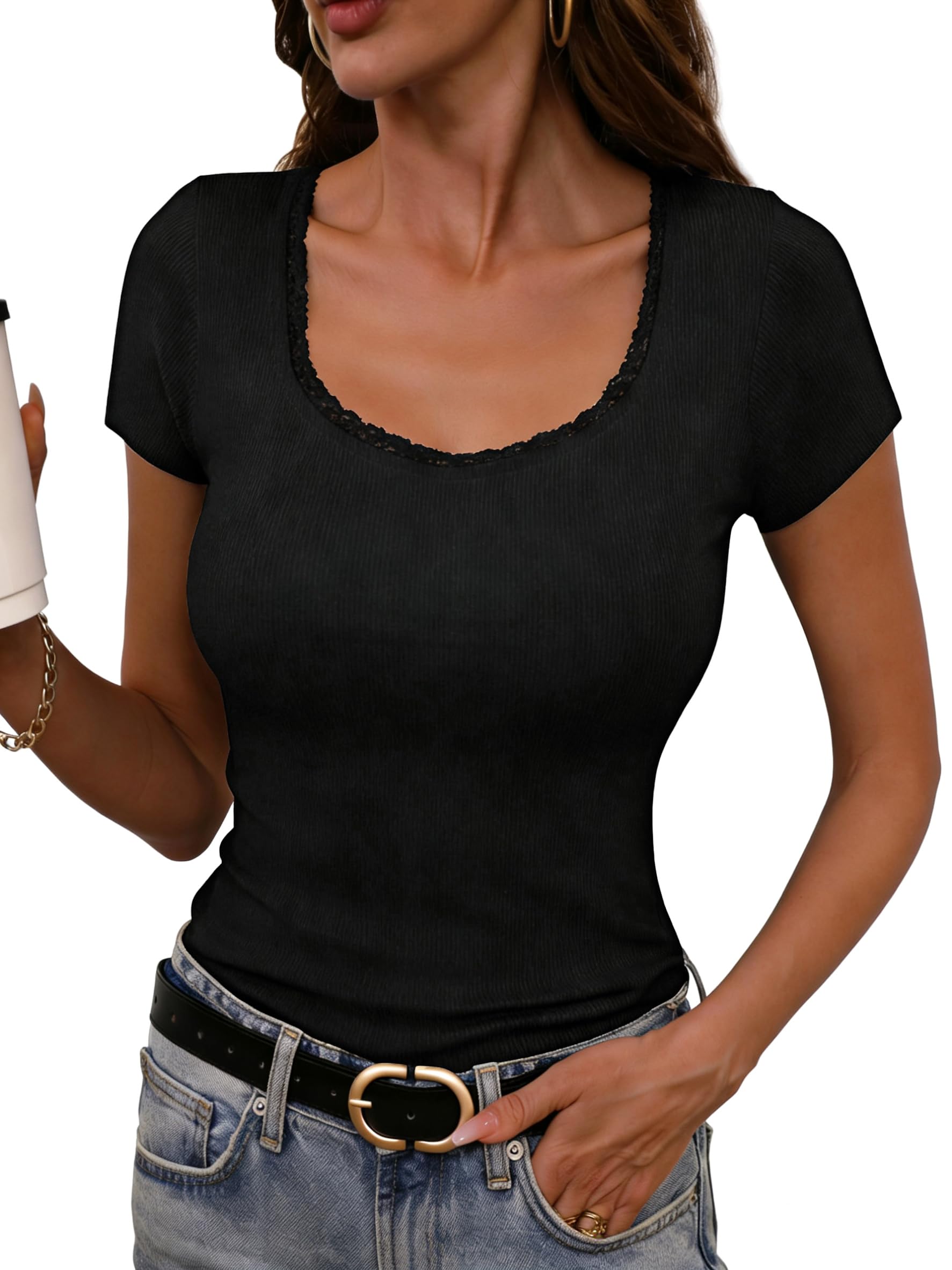 Terecey Tshirt Damen Basic Slim Fit Einfarbig Tops Sommer Sexy Tee Kurzarm Elegant Shirts Stretch Ribbed Oberteile S-XXL