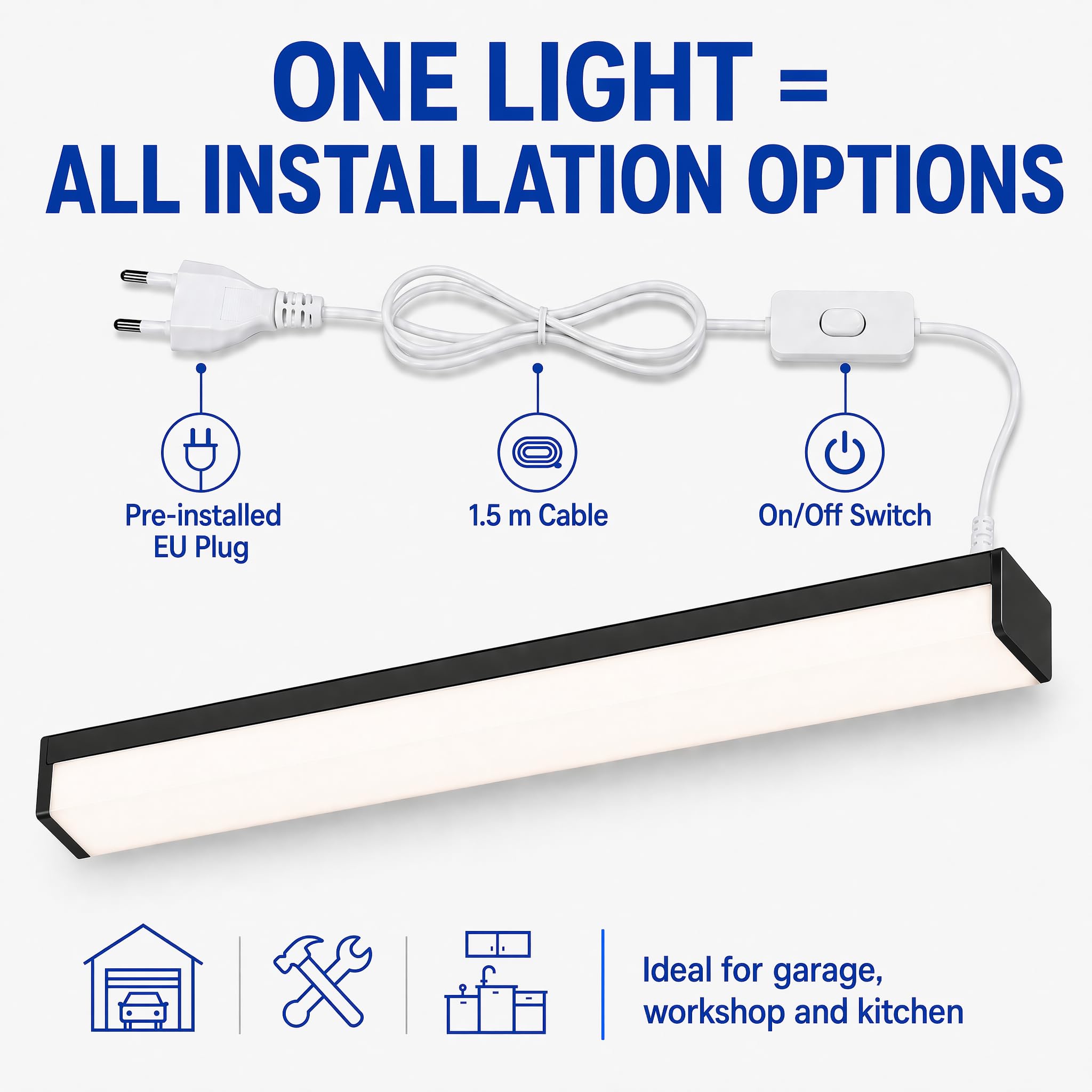 BrightFly Striscia luminosa a LED nera, 120 cm, confezione da 2 pezzi, spina UE 3CCT | 3 temperature di colore 3000 K/4000 K/6500 K, 3610 lm, moderna lampada da soffitto per cucina, garage, cantina e officina